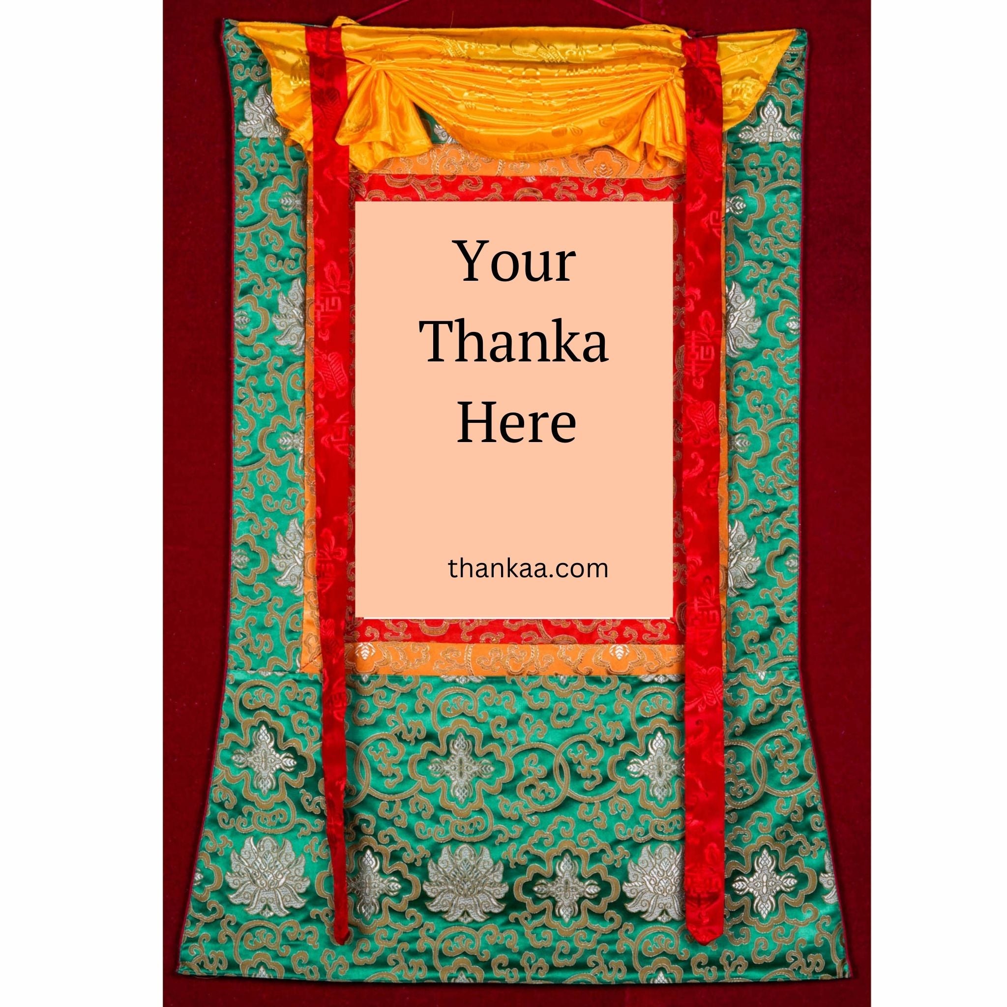 This traditional Tibetan Thangka frame features vibrant silk brocade with protective silk veil and red-yellow cords, enhancing the sacredness and ease of display for genuine Thangka art.