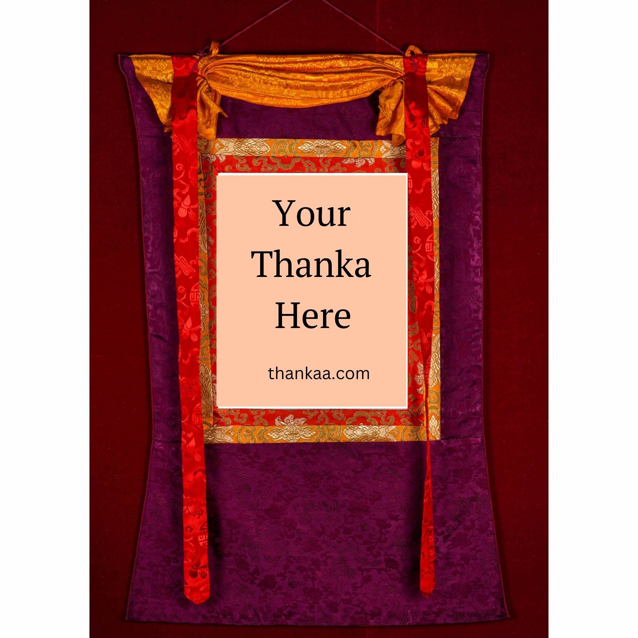 This traditional Tibetan Thangka frame features vibrant silk brocade with protective silk veil and red-yellow cords, enhancing the sacredness and ease of display for genuine Thangka art.
