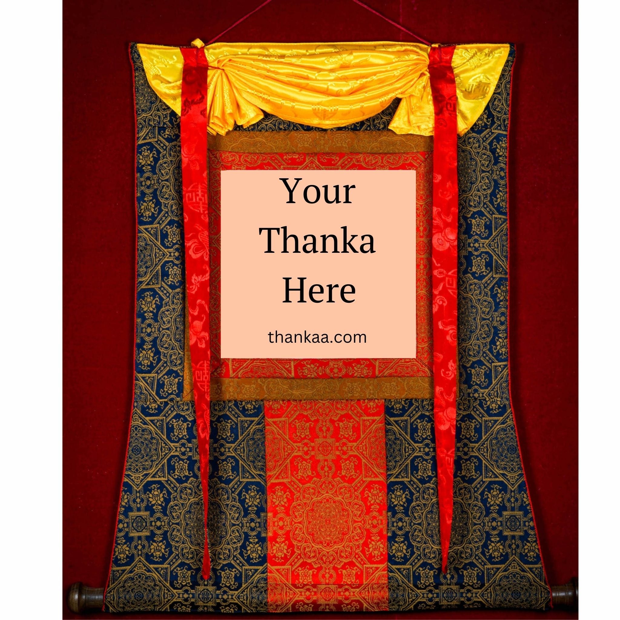 This traditional Tibetan Thangka frame features vibrant silk brocade with protective silk veil and red-yellow cords, enhancing the sacredness and ease of display for genuine Thangka art.