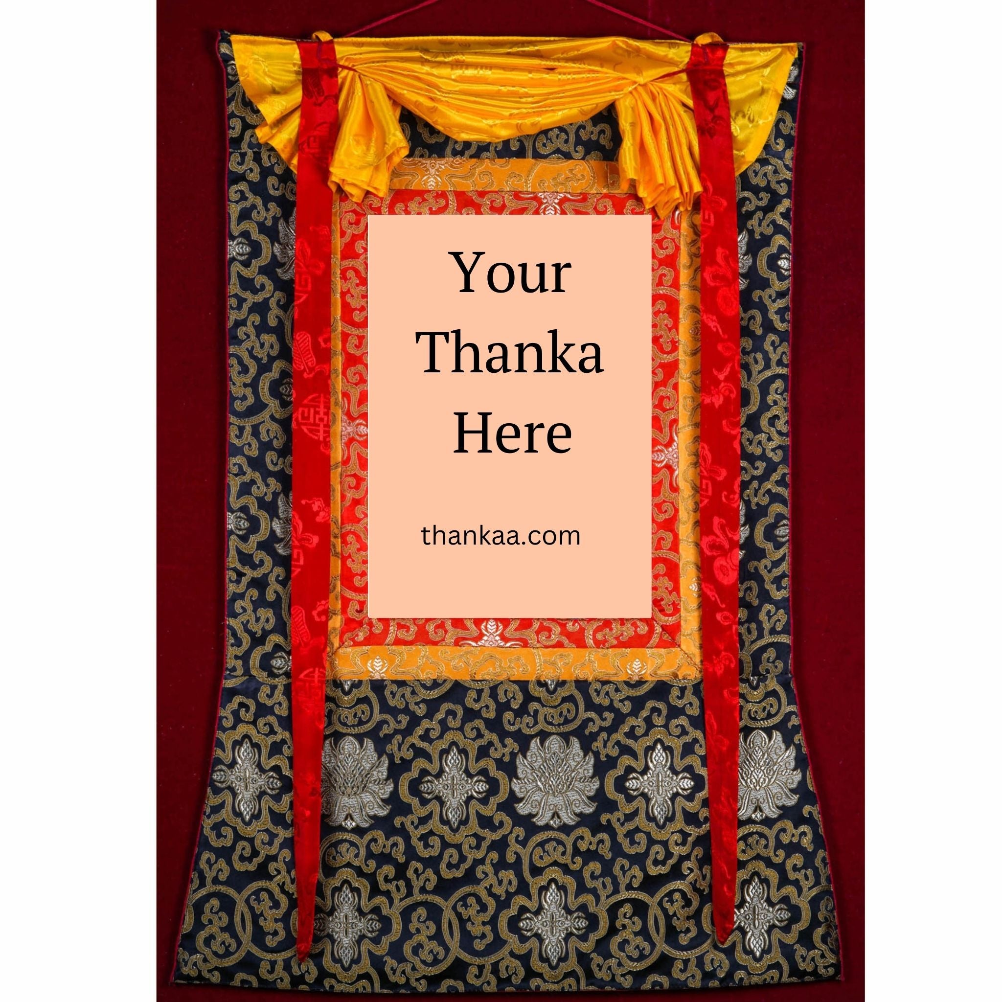 This traditional Tibetan Thangka frame features vibrant silk brocade with protective silk veil and red-yellow cords, enhancing the sacredness and ease of display for genuine Thangka art.