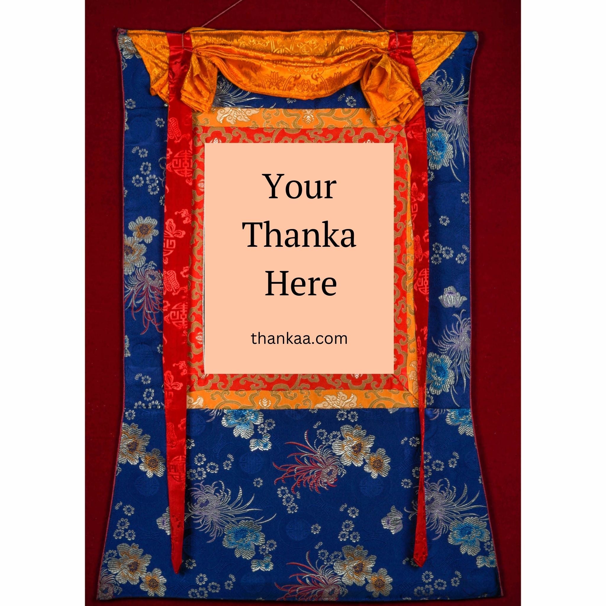 This traditional Tibetan Thangka frame features vibrant silk brocade with protective silk veil and red-yellow cords, enhancing the sacredness and ease of display for genuine Thangka art.