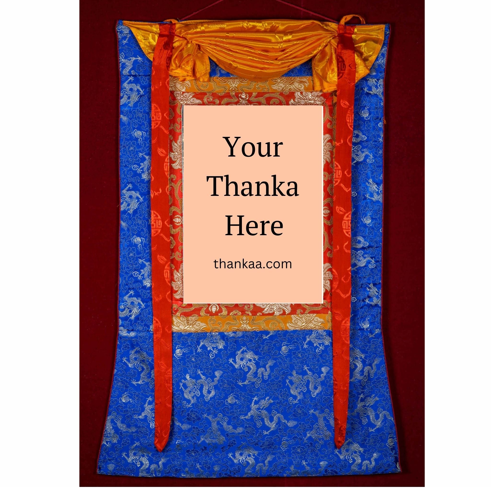 This traditional Tibetan Thangka frame features vibrant silk brocade with protective silk veil and red-yellow cords, enhancing the sacredness and ease of display for genuine Thangka art.