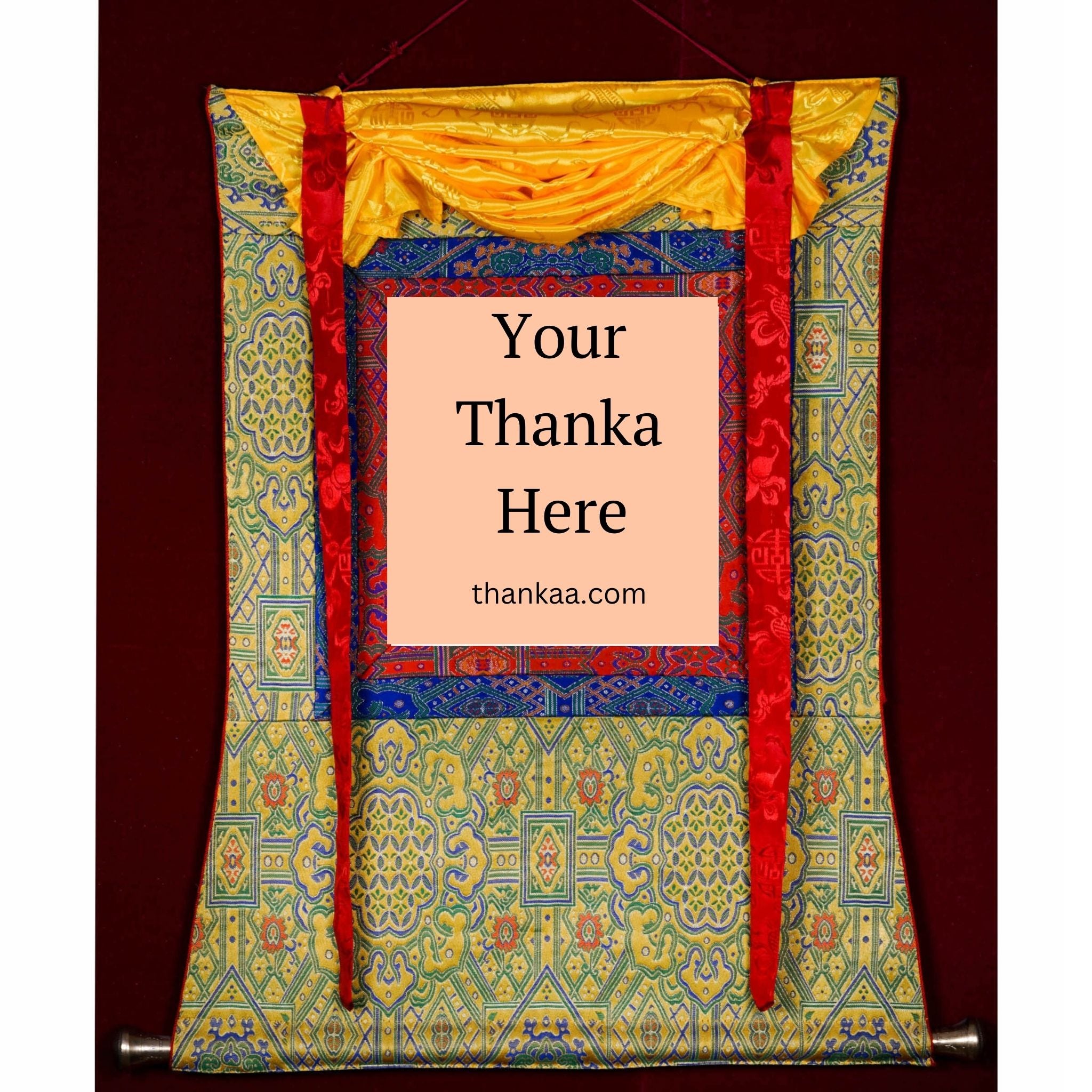 This traditional Tibetan Thangka frame features vibrant silk brocade with protective silk veil and red-yellow cords, enhancing the sacredness and ease of display for genuine Thangka art.