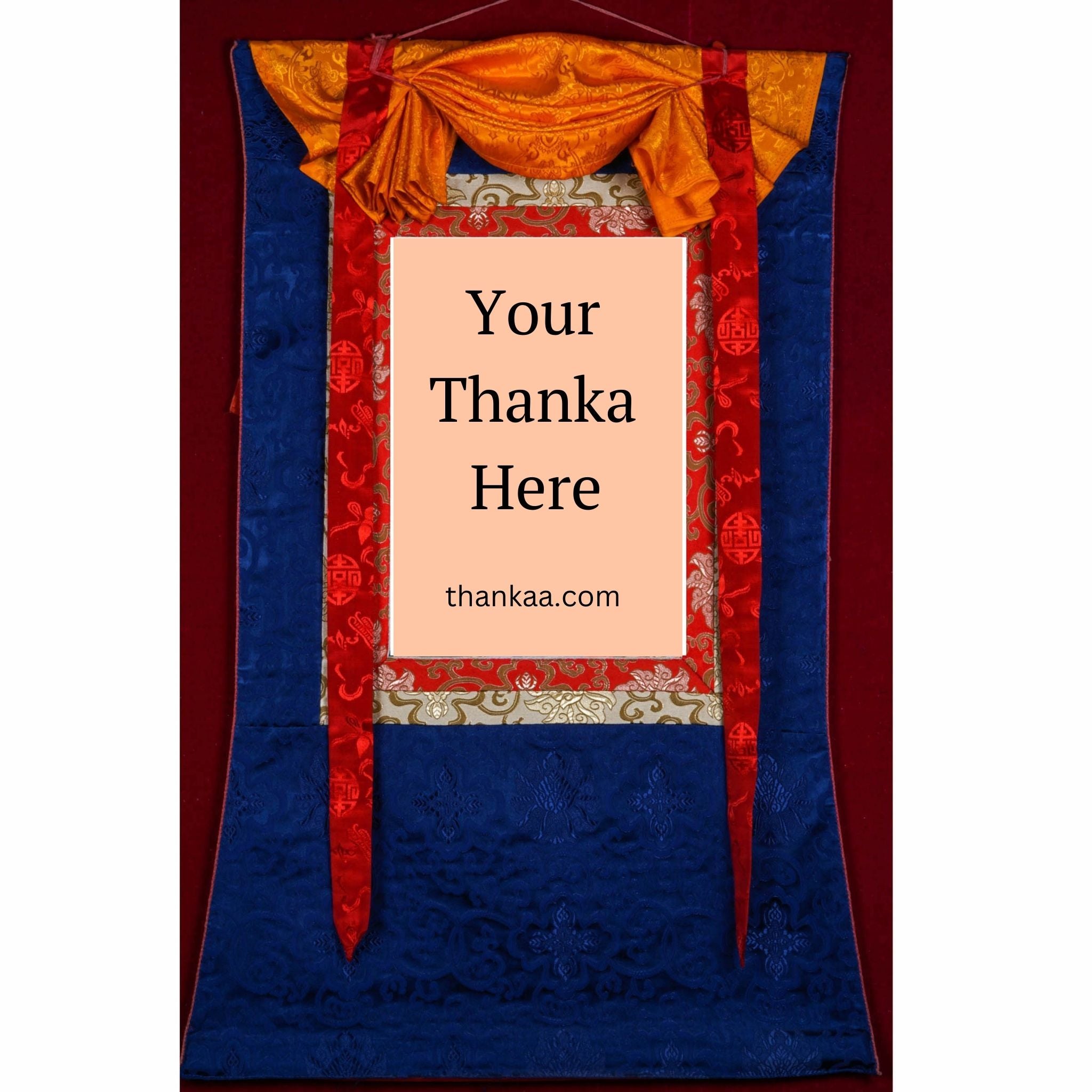 This traditional Tibetan Thangka frame features vibrant silk brocade with protective silk veil and red-yellow cords, enhancing the sacredness and ease of display for genuine Thangka art.