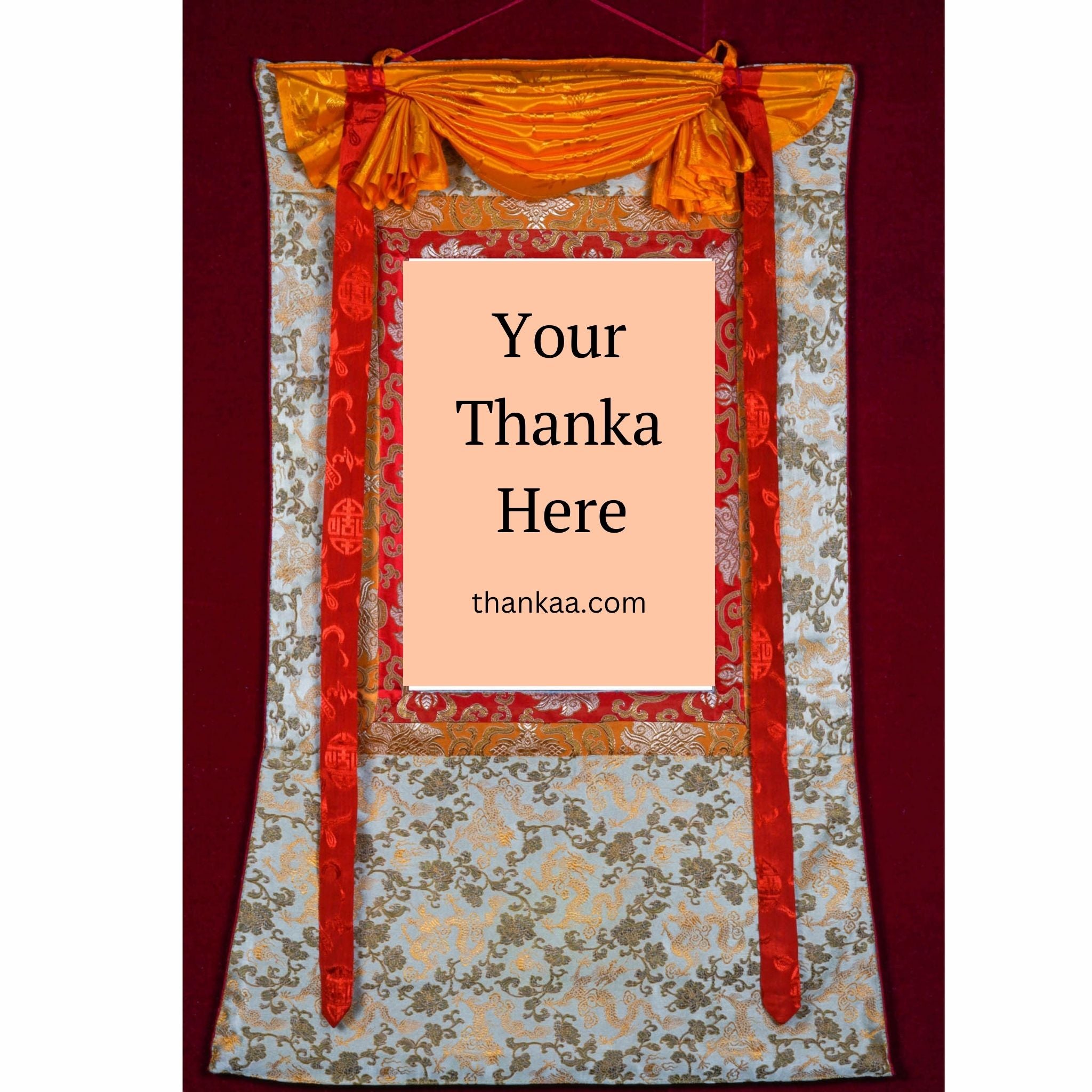This traditional Tibetan Thangka frame features vibrant silk brocade with protective silk veil and red-yellow cords, enhancing the sacredness and ease of display for genuine Thangka art.