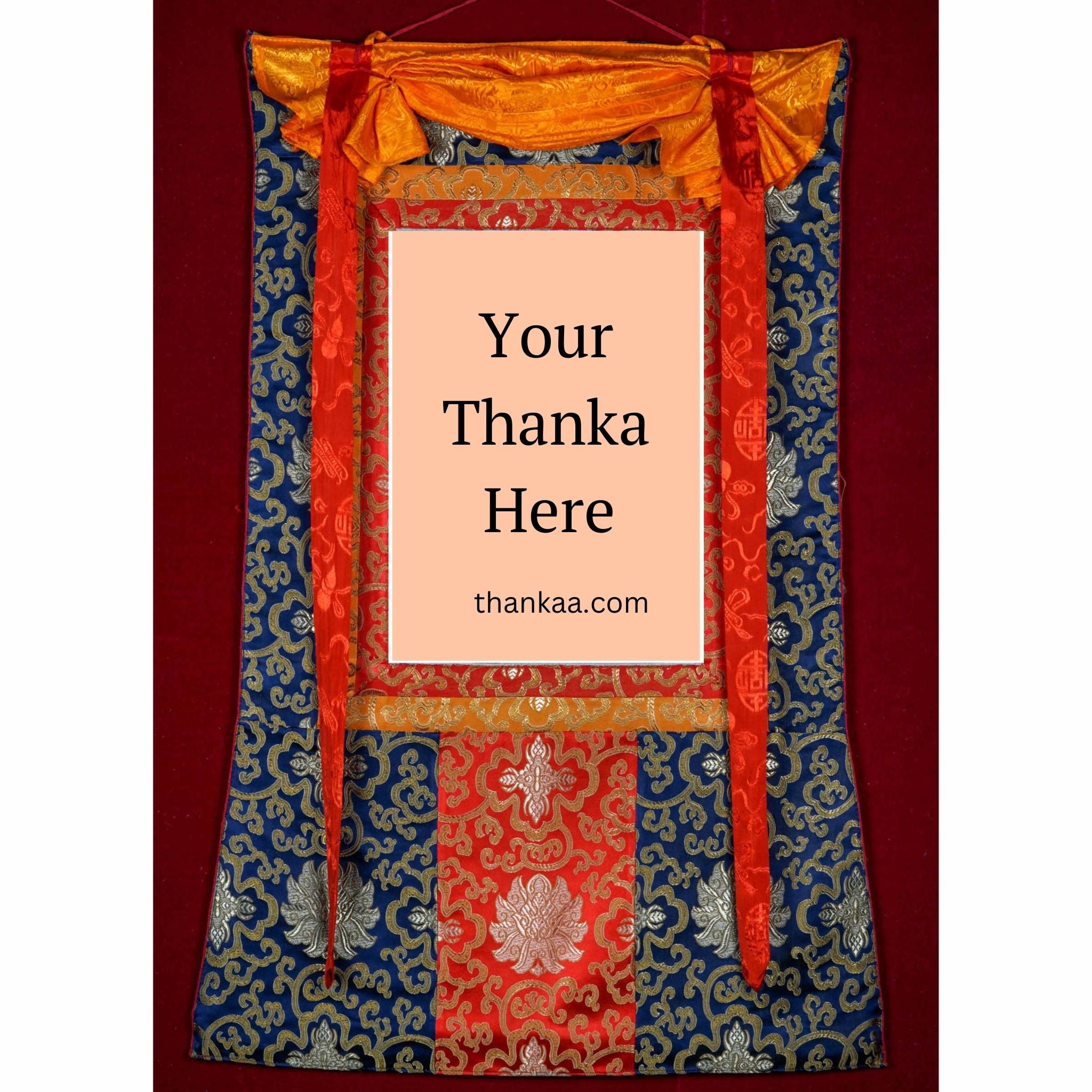 This traditional Tibetan Thangka frame features vibrant silk brocade with protective silk veil and red-yellow cords, enhancing the sacredness and ease of display for genuine Thangka art.