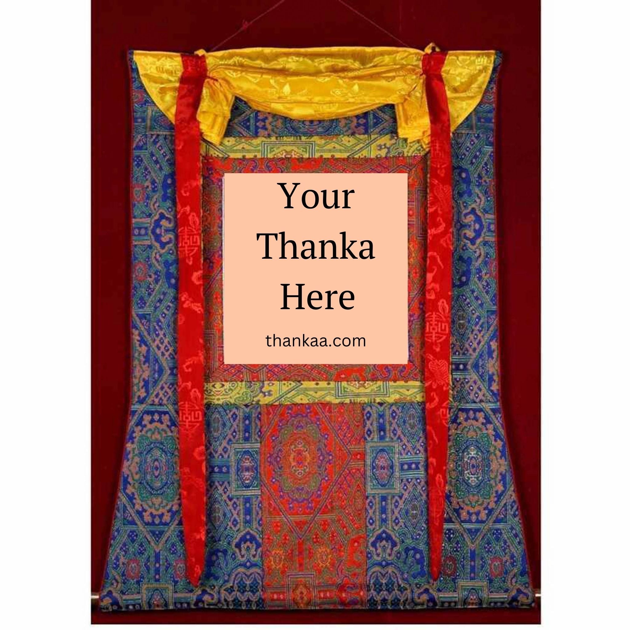This traditional Tibetan Thangka frame features vibrant silk brocade with protective silk veil and red-yellow cords, enhancing the sacredness and ease of display for genuine Thangka art.
