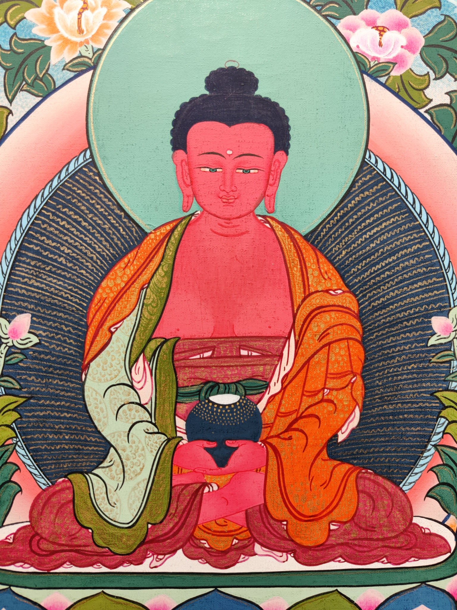 This genuine Tibetan Thangka of Amitabha Buddha, the Buddha of Infinite Light, symbolizes peace, wisdom, and spiritual liberation in Buddhism. Hand-painted with natural pigments, it serves as a powerful tool for meditation and devotion in any sacred space.