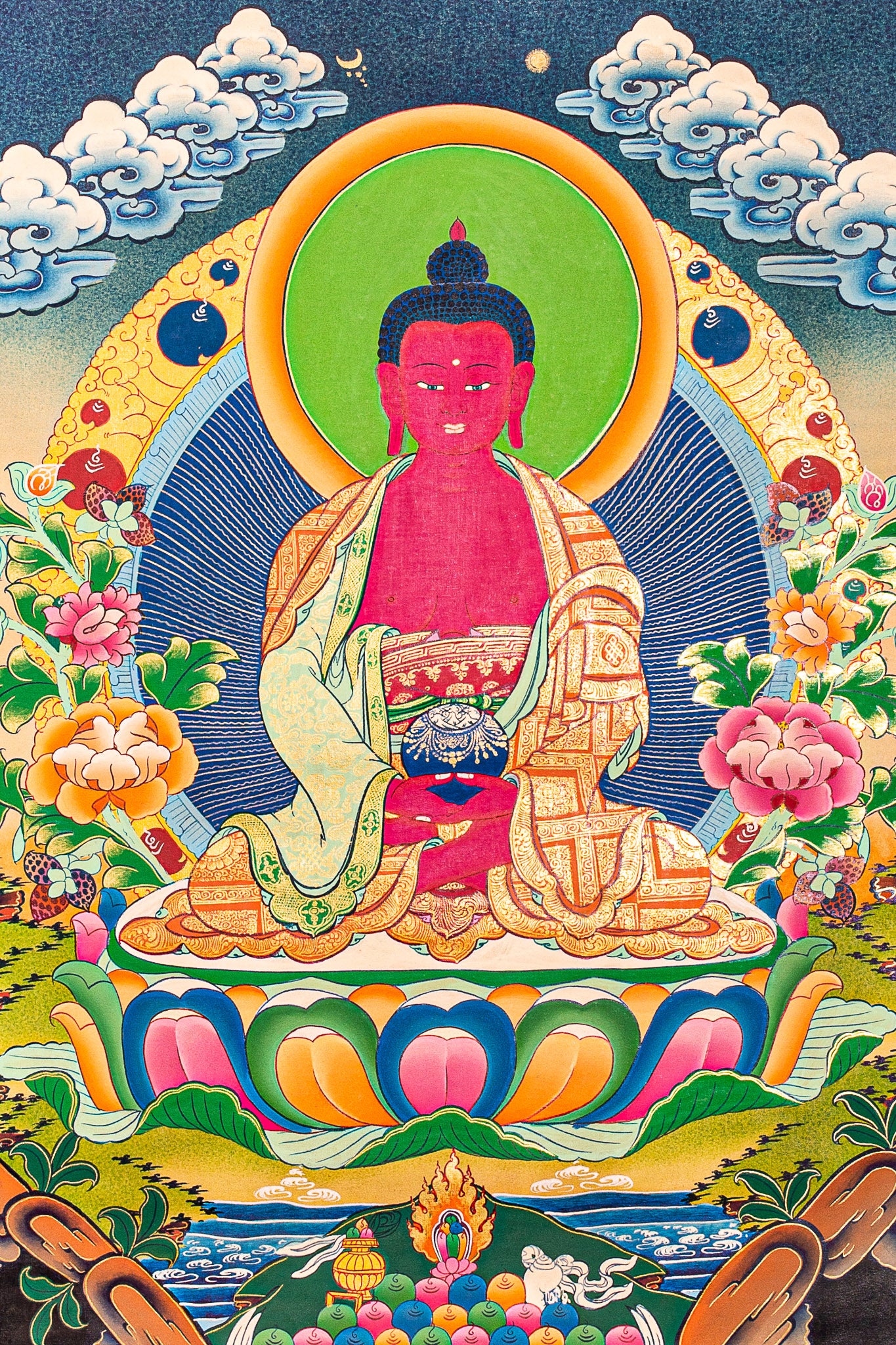 The Thangka painting of Amitabha Buddha, a revered figure, is a serene and reflective artwork that embodies spiritual significance and visual splendor.