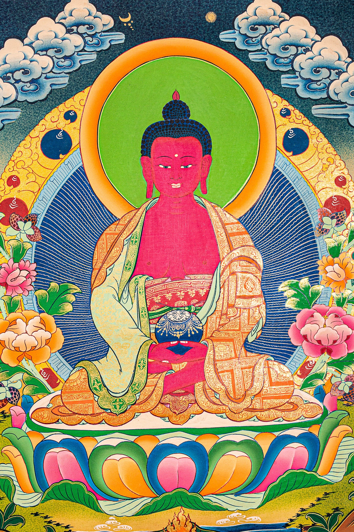 The Thangka painting of Amitabha Buddha, a revered figure, is a serene and reflective artwork that embodies spiritual significance and visual splendor.
