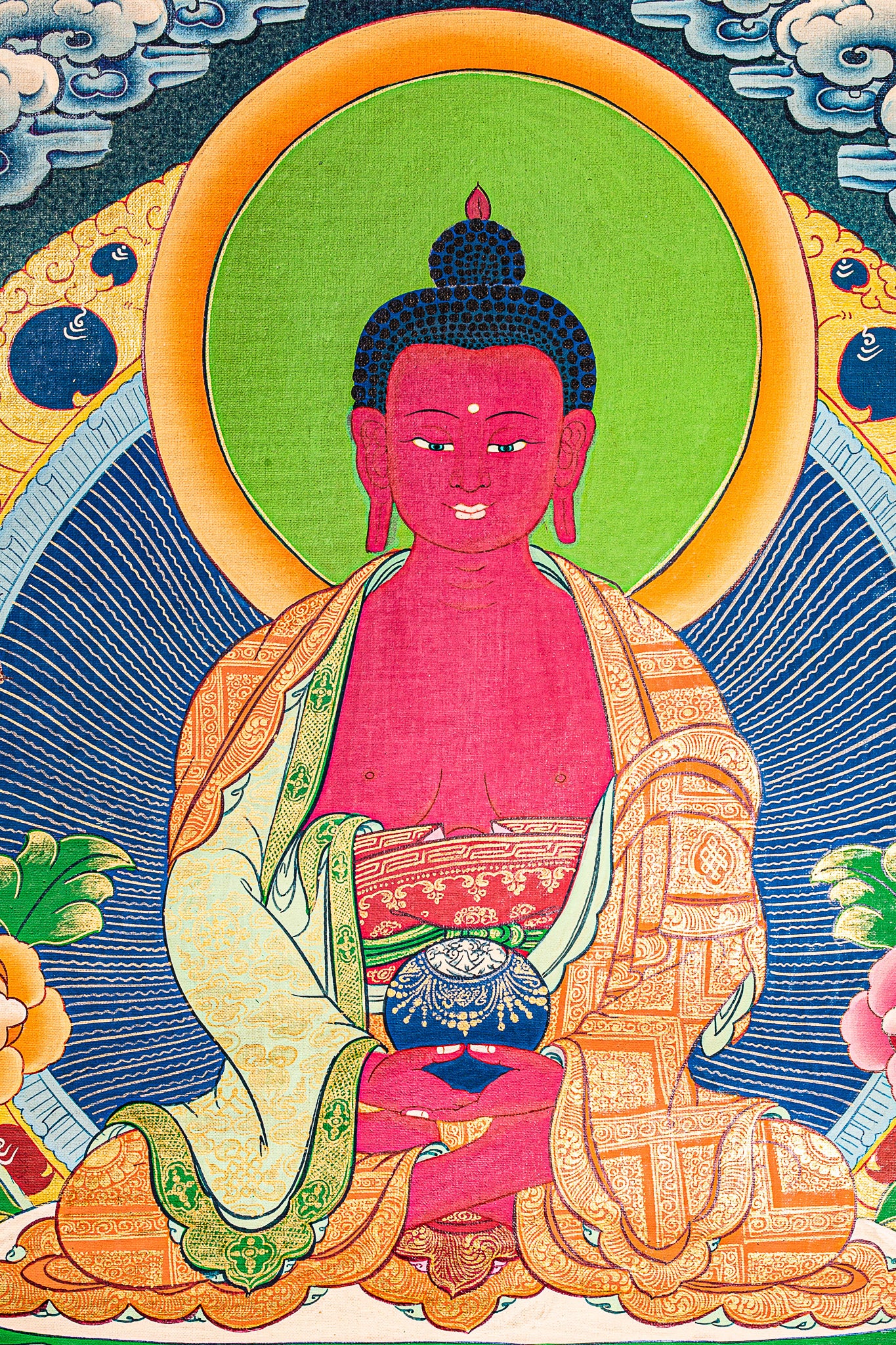 The Thangka painting of Amitabha Buddha, a revered figure, is a serene and reflective artwork that embodies spiritual significance and visual splendor.