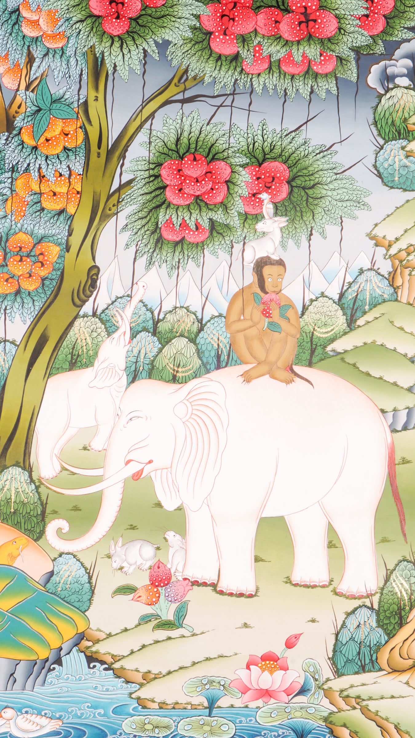 The Four Harmonious Friends Thangka is a traditional hand-painted Tibetan Buddhist art piece featuring the elephant, monkey, hare, and bird, symbolizing unity, cooperation, and spiritual decor created with natural pigments.