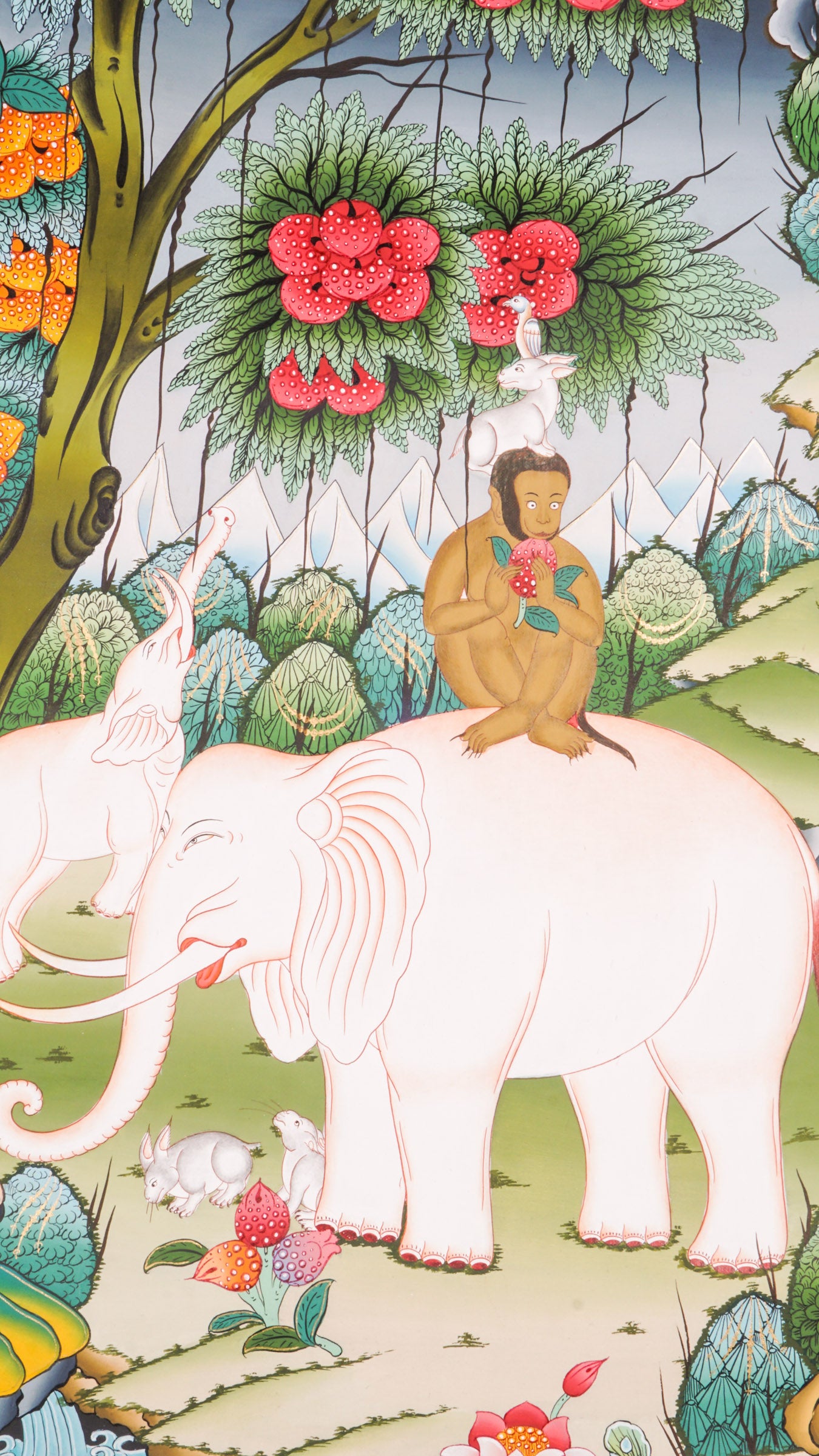 The Four Harmonious Friends Thangka is a traditional hand-painted Tibetan Buddhist art piece featuring the elephant, monkey, hare, and bird, symbolizing unity, cooperation, and spiritual decor created with natural pigments.