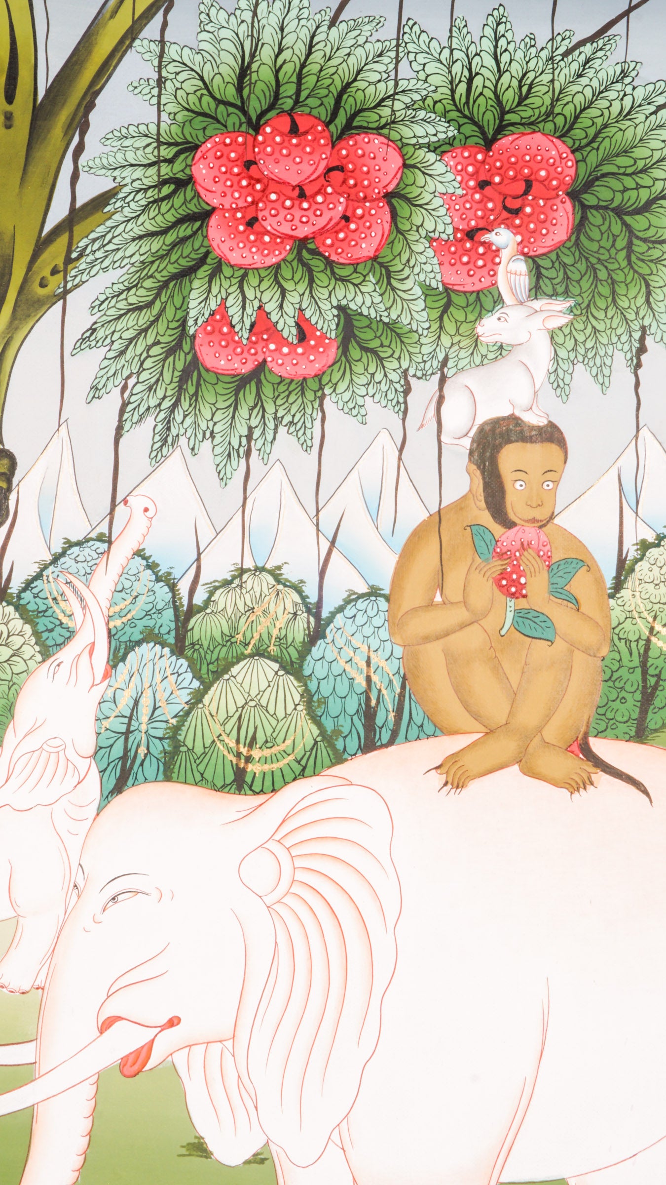 The Four Harmonious Friends Thangka is a traditional hand-painted Tibetan Buddhist art piece featuring the elephant, monkey, hare, and bird, symbolizing unity, cooperation, and spiritual decor created with natural pigments.