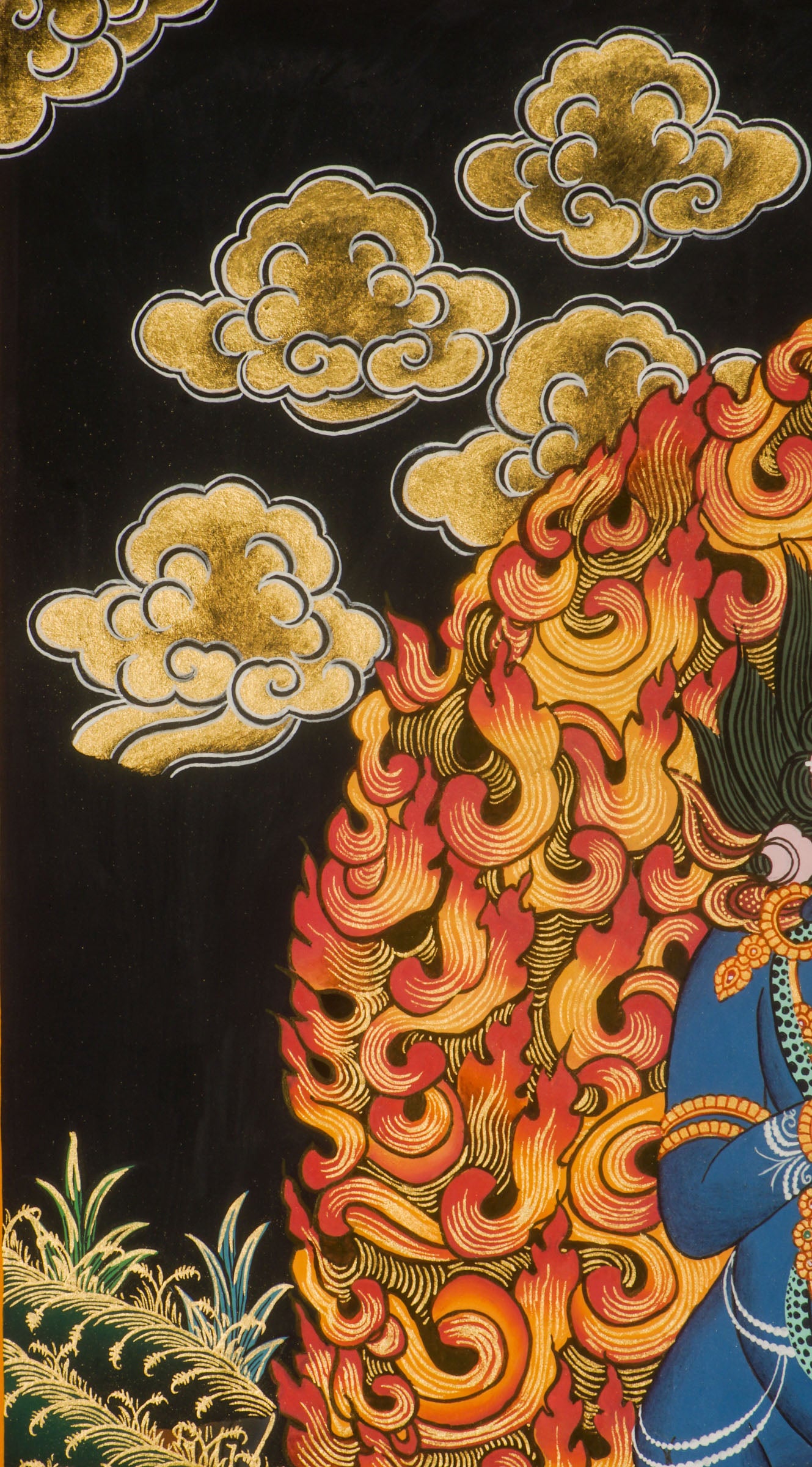 Black Zambala Thangka is a Tibetan thangka that shows the Buddhist wealth deity. He helps remove obstacles and brings prosperity. This thangka is hand-painted with natural colors and is used for meditation, protection, and spiritual growth.