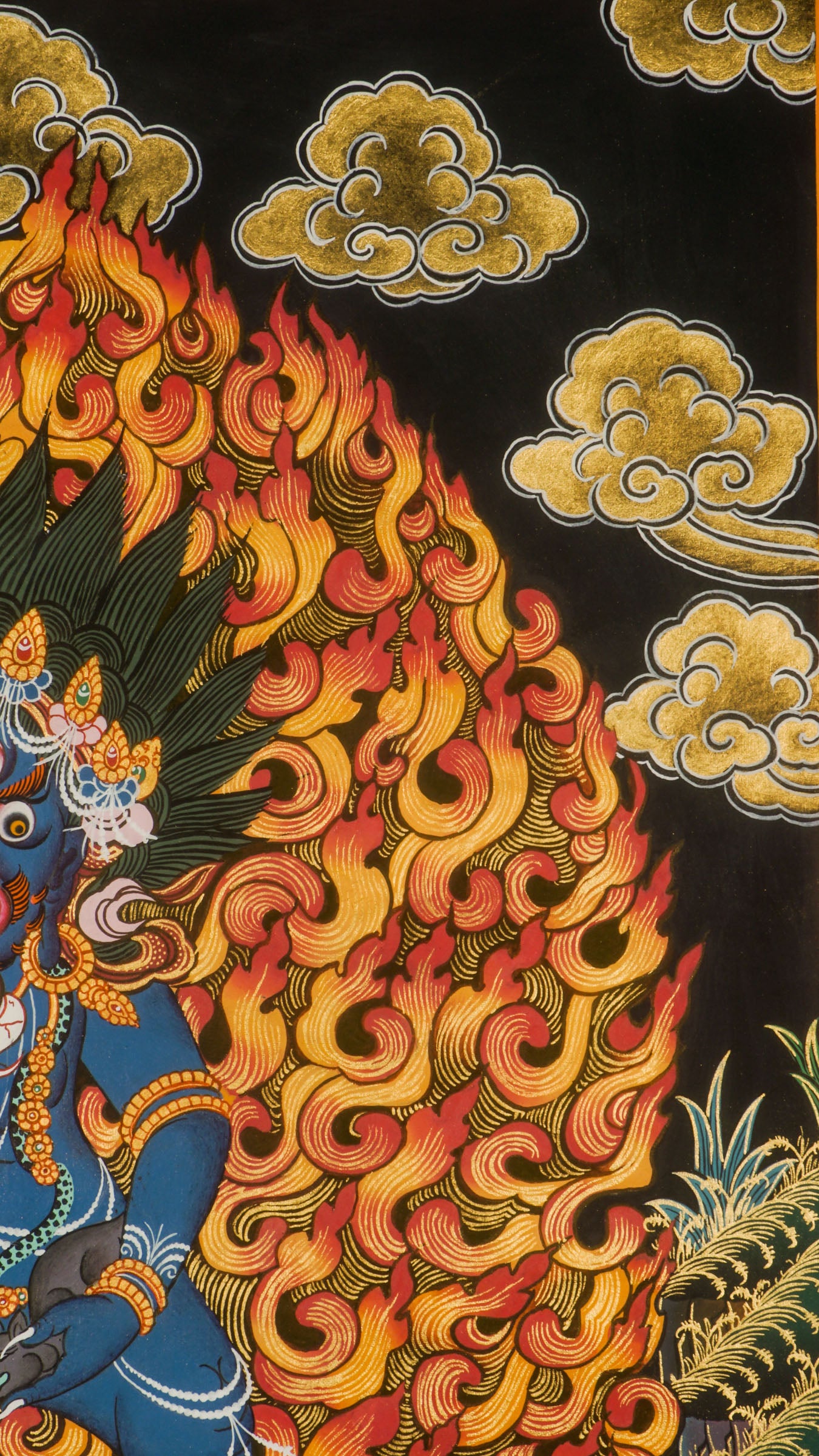 Black Zambala Thangka is a Tibetan thangka that shows the Buddhist wealth deity. He helps remove obstacles and brings prosperity. This thangka is hand-painted with natural colors and is used for meditation, protection, and spiritual growth.