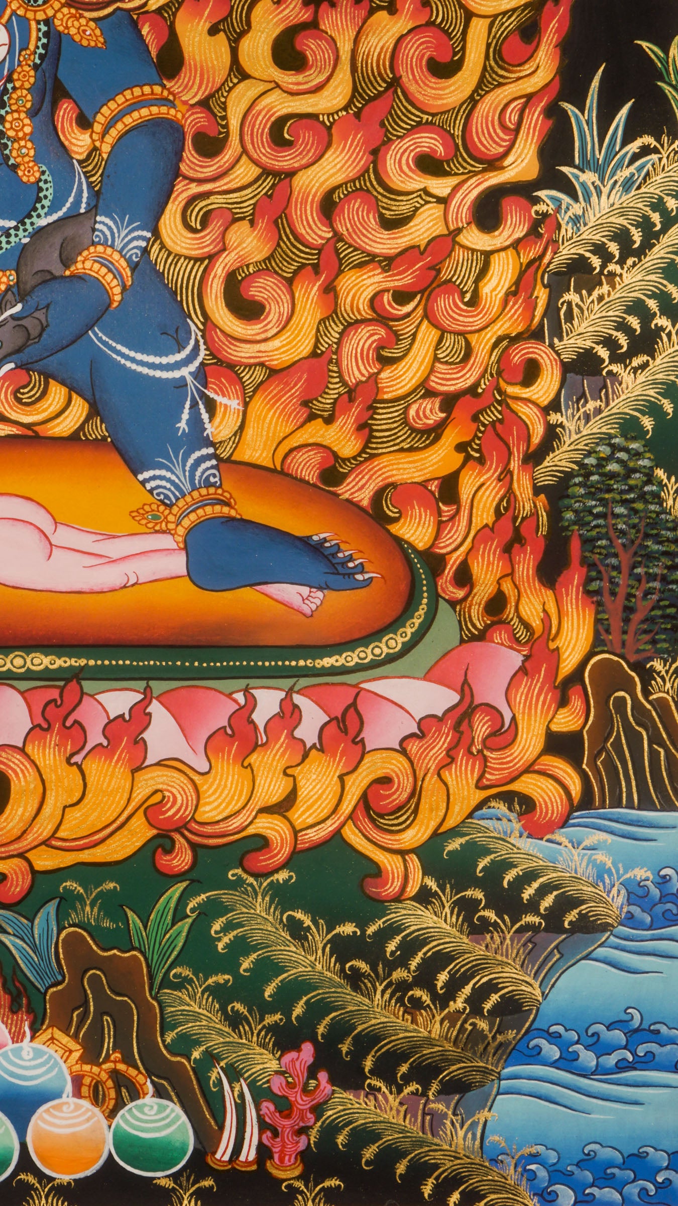 Black Zambala Thangka is a Tibetan thangka that shows the Buddhist wealth deity. He helps remove obstacles and brings prosperity. This thangka is hand-painted with natural colors and is used for meditation, protection, and spiritual growth.