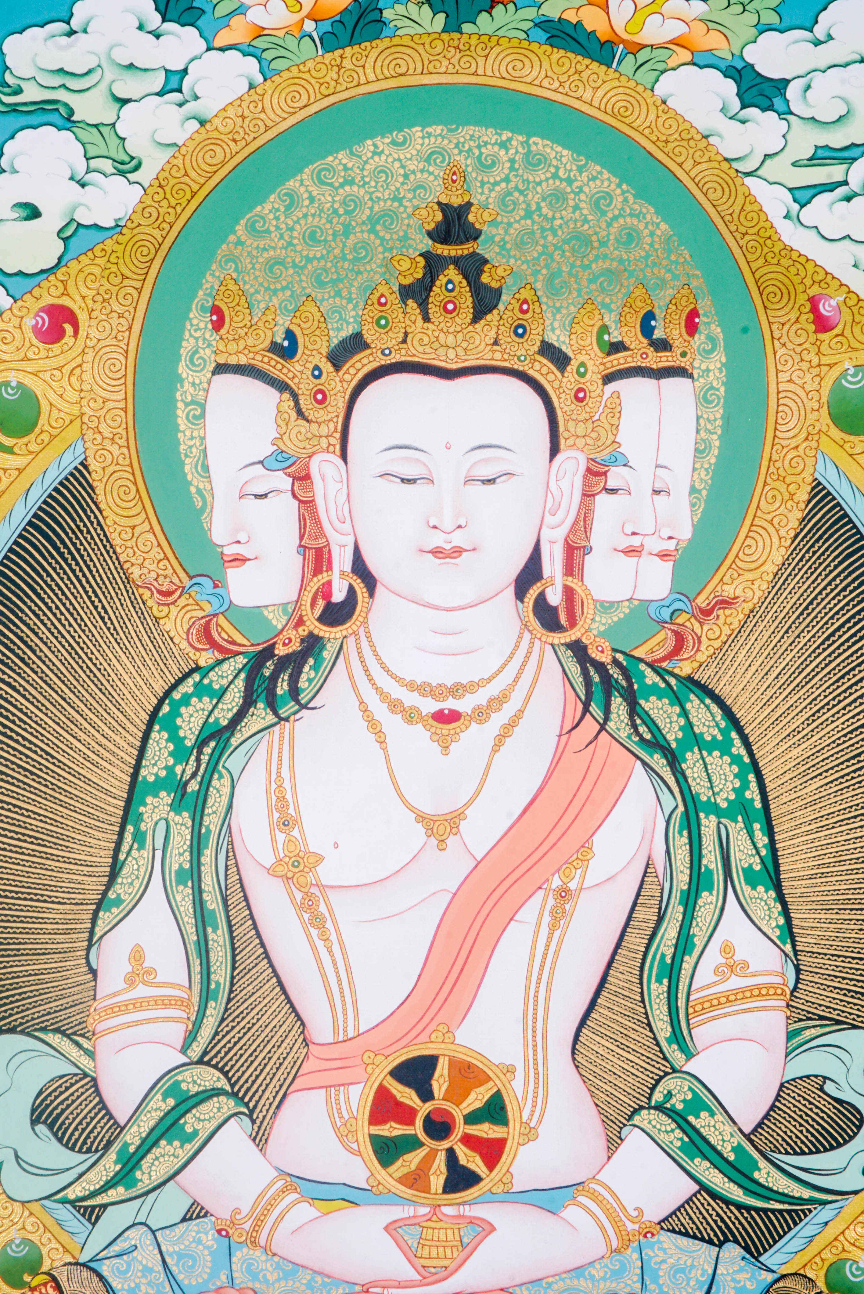 The Three-Headed Amitayus Buddha Thangka is a hand-painted depiction of the Buddha of Infinite Life, symbolizing longevity, wisdom, and compassion. Ideal for meditation or sacred spaces, this traditional artwork radiates spiritual energy and offers blessings of health and inner peace.