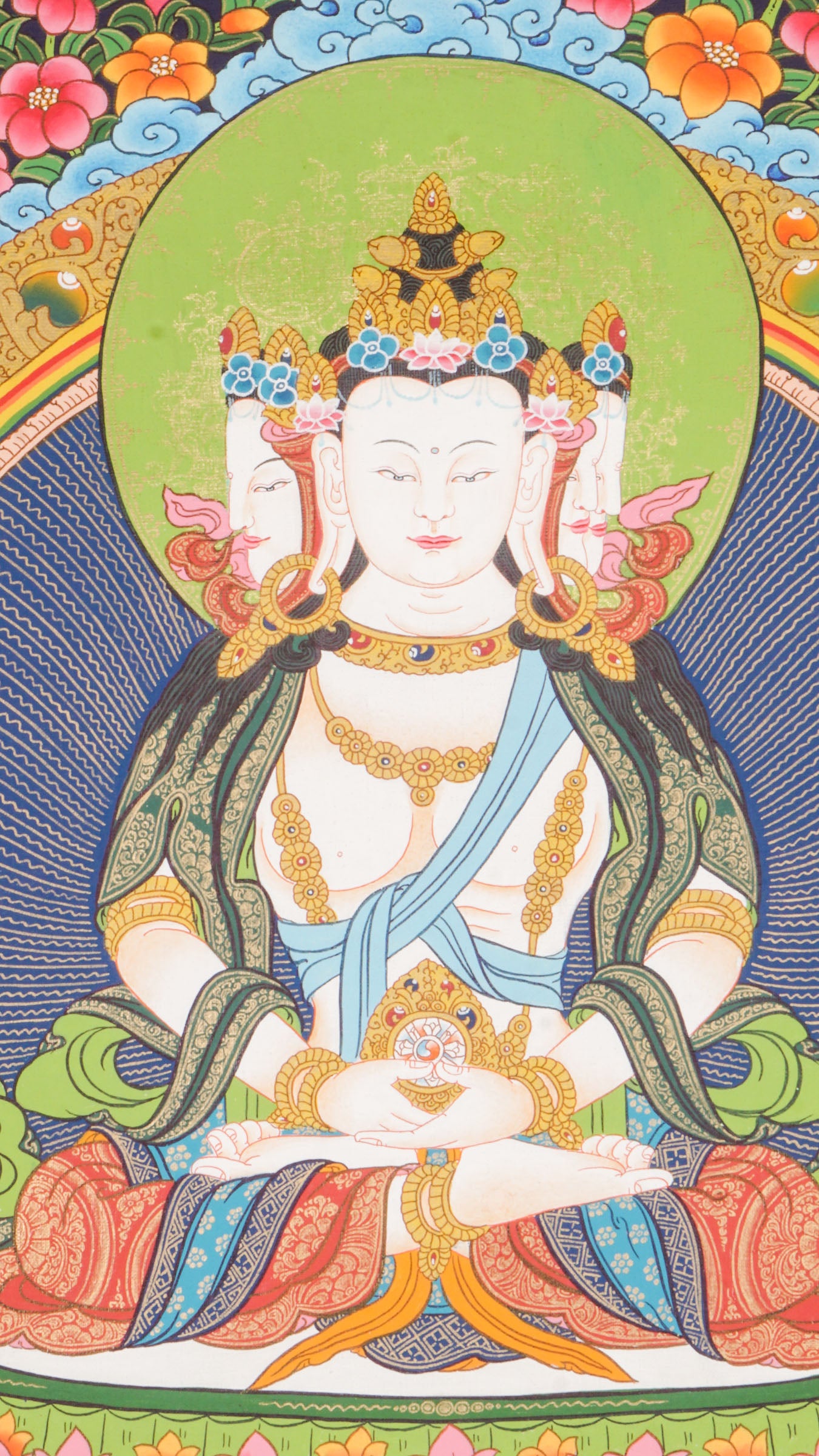 Hand-painted three-headed Vairocana Buddha thangka with Manjushree below, detailed 24k gold ornaments and lotus throne in traditional Himalayan style.