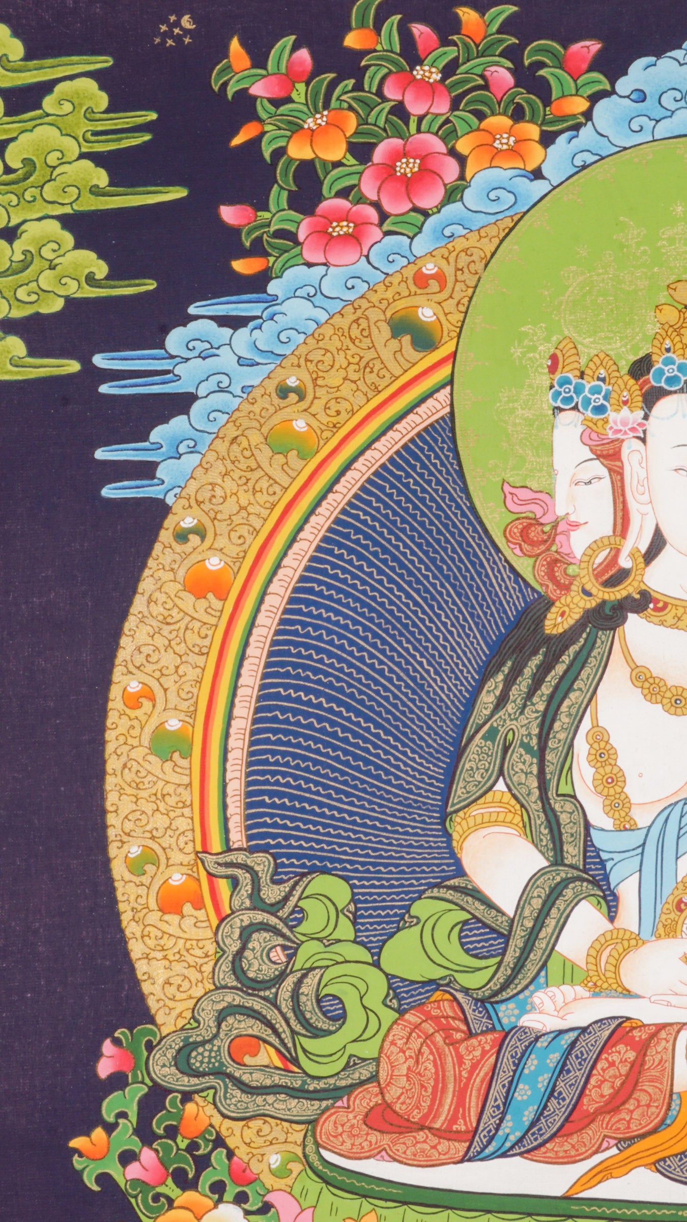 Hand-painted three-headed Vairocana Buddha thangka with Manjushree below, detailed 24k gold ornaments and lotus throne in traditional Himalayan style.