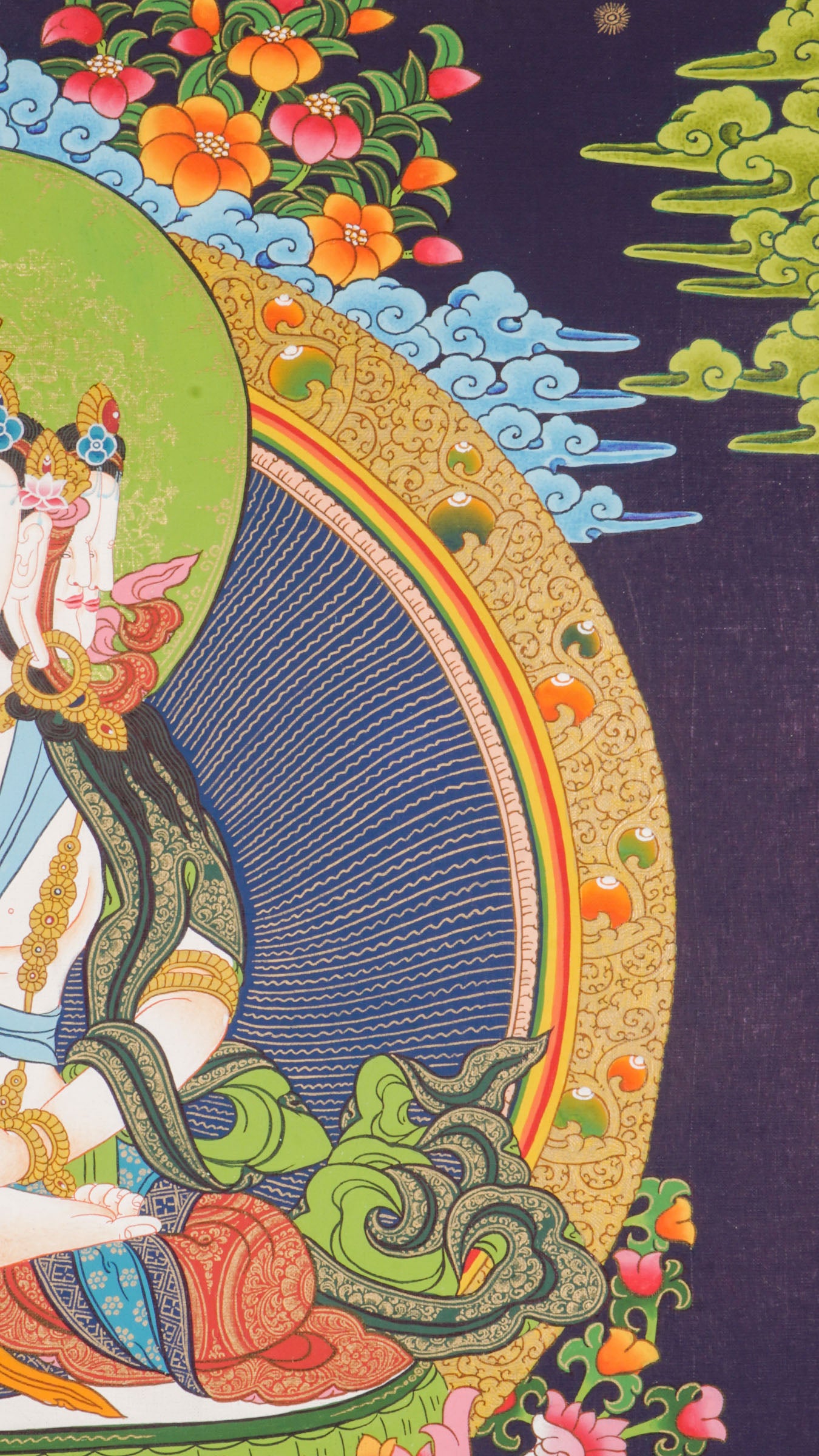 Hand-painted three-headed Vairocana Buddha thangka with Manjushree below, detailed 24k gold ornaments and lotus throne in traditional Himalayan style.
