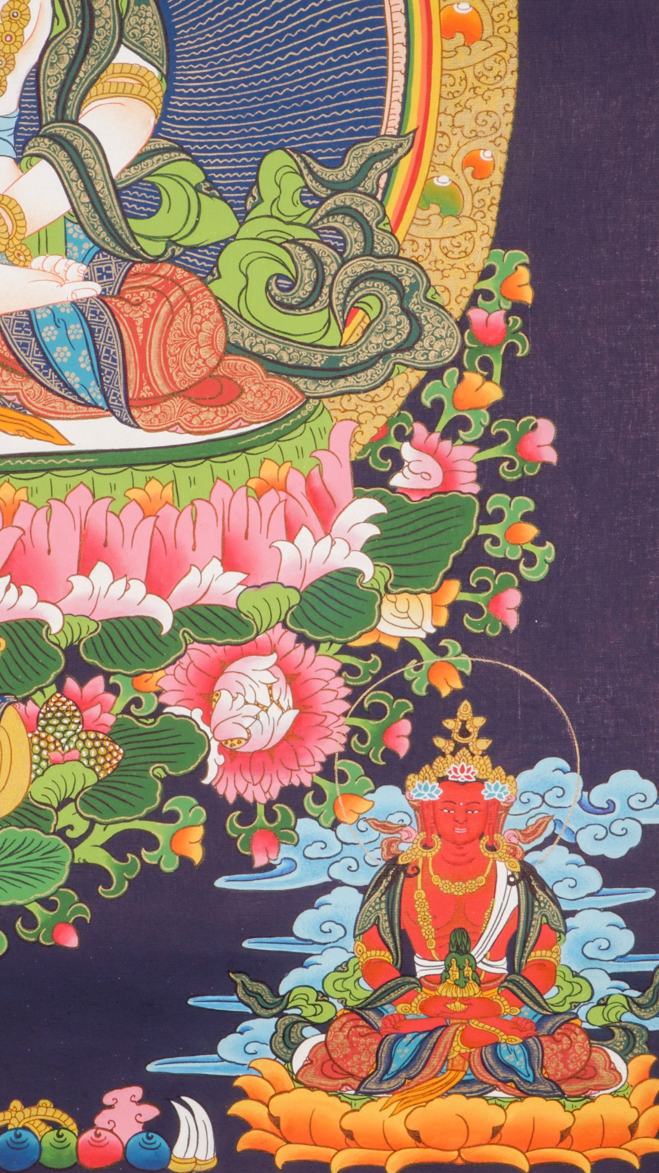 Hand-painted three-headed Vairocana Buddha thangka with Manjushree below, detailed 24k gold ornaments and lotus throne in traditional Himalayan style.