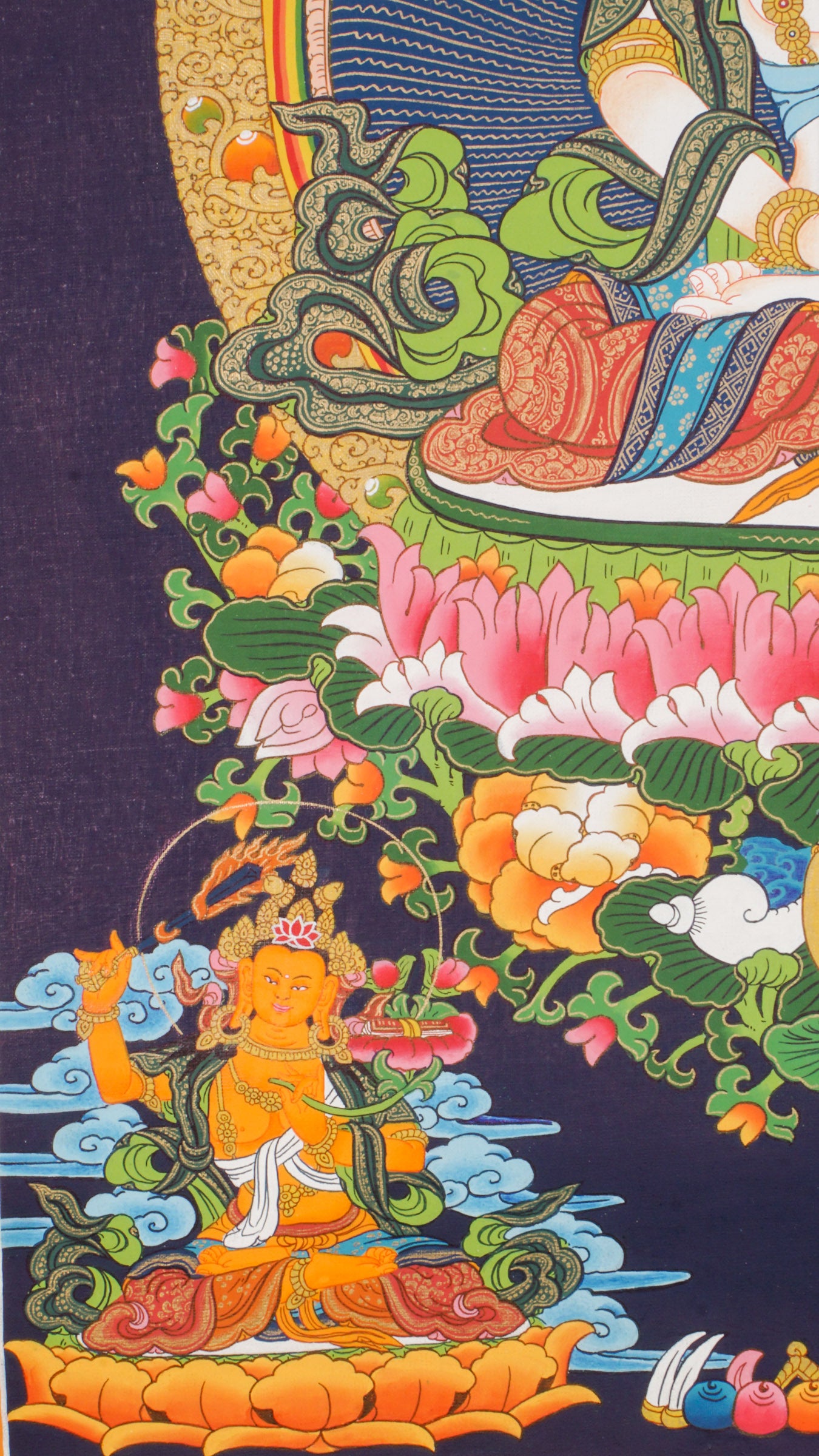Hand-painted three-headed Vairocana Buddha thangka with Manjushree below, detailed 24k gold ornaments and lotus throne in traditional Himalayan style.