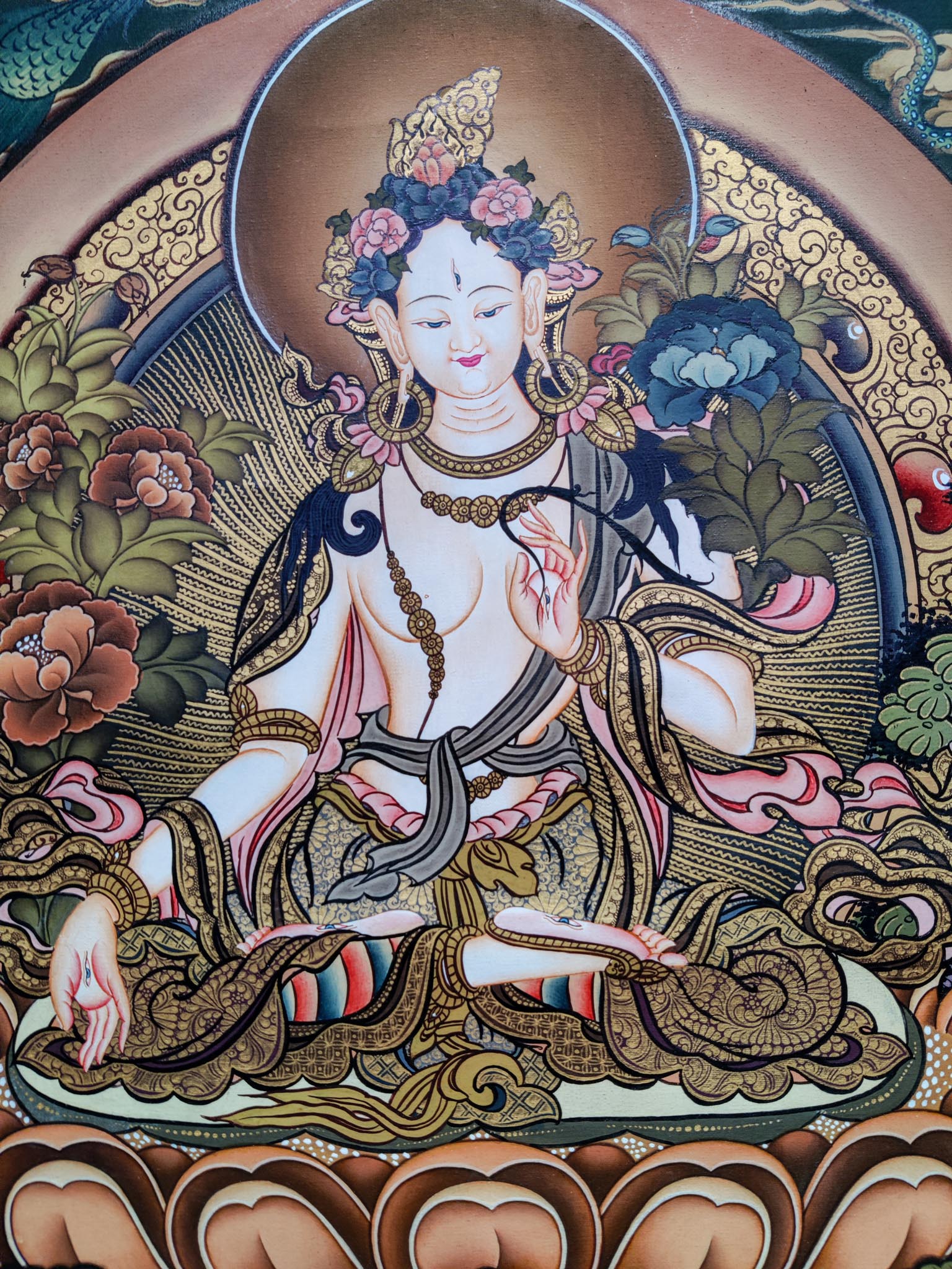 This White Tara Thangka Painting is ideal for establishing serenity and enlightenment in your home or other sacred space.