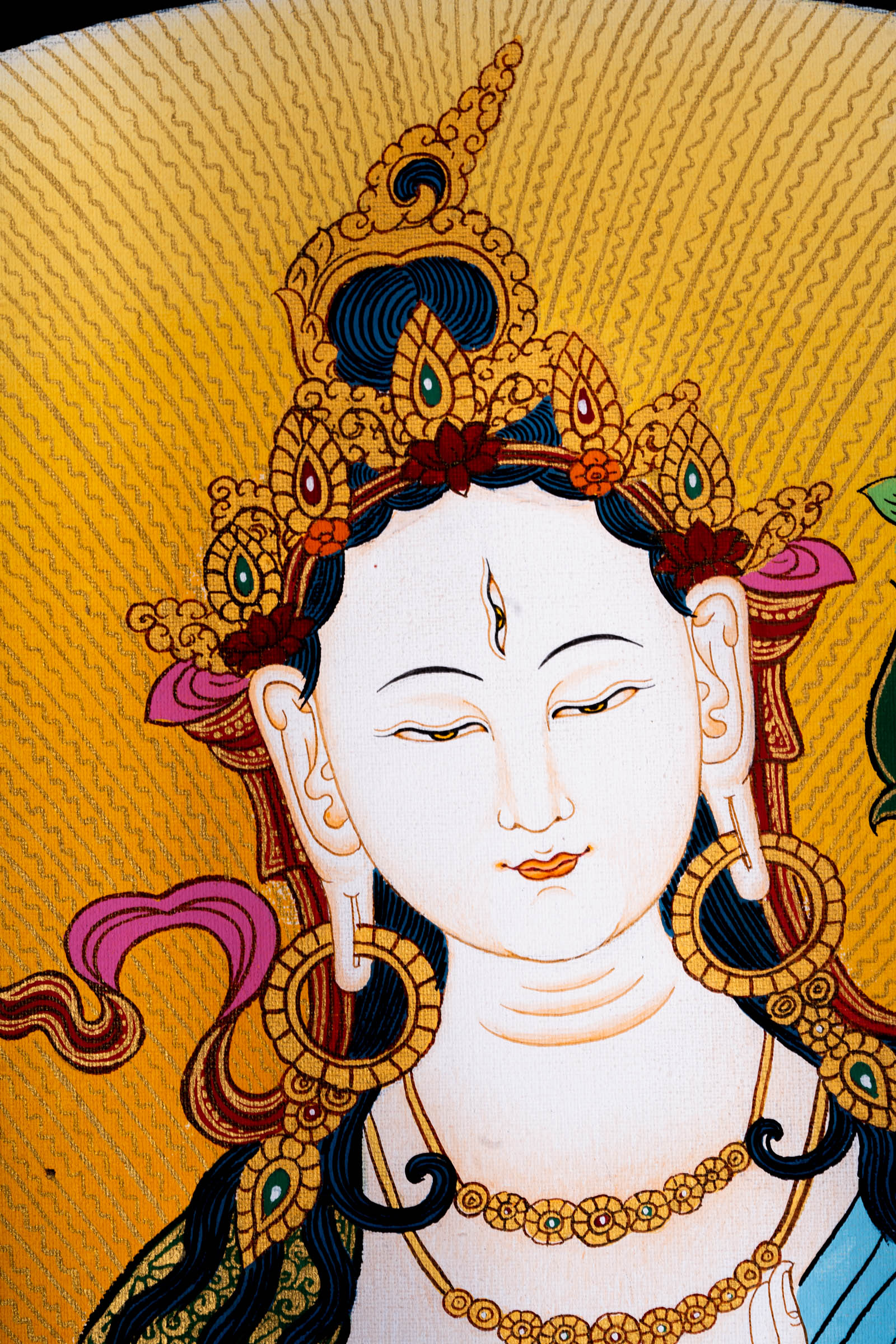 This genuine Tibetan Thangka of White Tara represents healing, compassion, and longevity, revered in Tibetan Buddhism for her nurturing and protective presence. Hand-painted using traditional methods and mineral pigments, it radiates serene energy ideal for any sacred or meditation space.