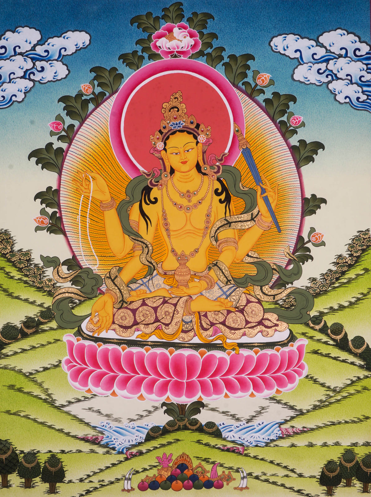Hand-painted Tichang thangka featuring a revered Tibetan Buddhist master seated on a lotus throne surrounded by flowers, sacred ornaments, and a traditional Himalayan landscape.