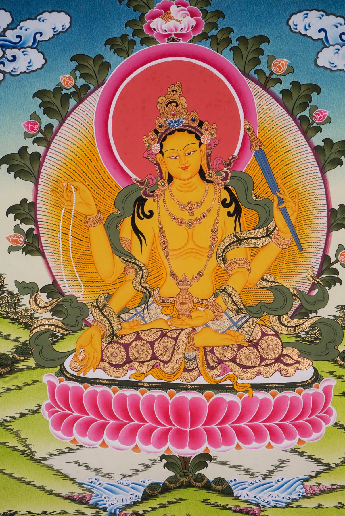 Hand-painted Tichang thangka featuring a revered Tibetan Buddhist master seated on a lotus throne surrounded by flowers, sacred ornaments, and a traditional Himalayan landscape.