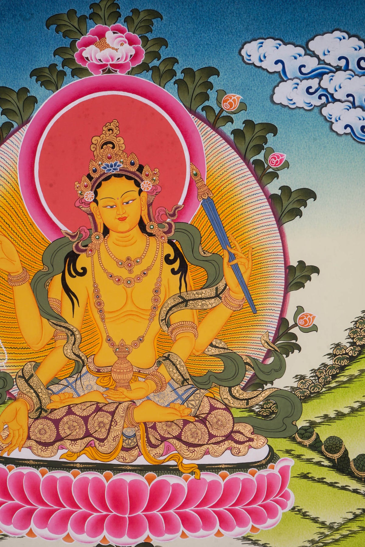 Hand-painted Tichang thangka featuring a revered Tibetan Buddhist master seated on a lotus throne surrounded by flowers, sacred ornaments, and a traditional Himalayan landscape.