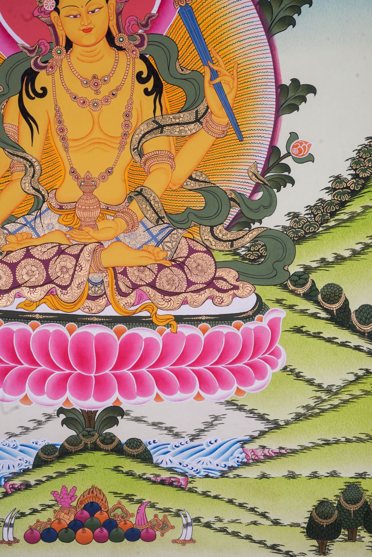 Hand-painted Tichang thangka featuring a revered Tibetan Buddhist master seated on a lotus throne surrounded by flowers, sacred ornaments, and a traditional Himalayan landscape.
