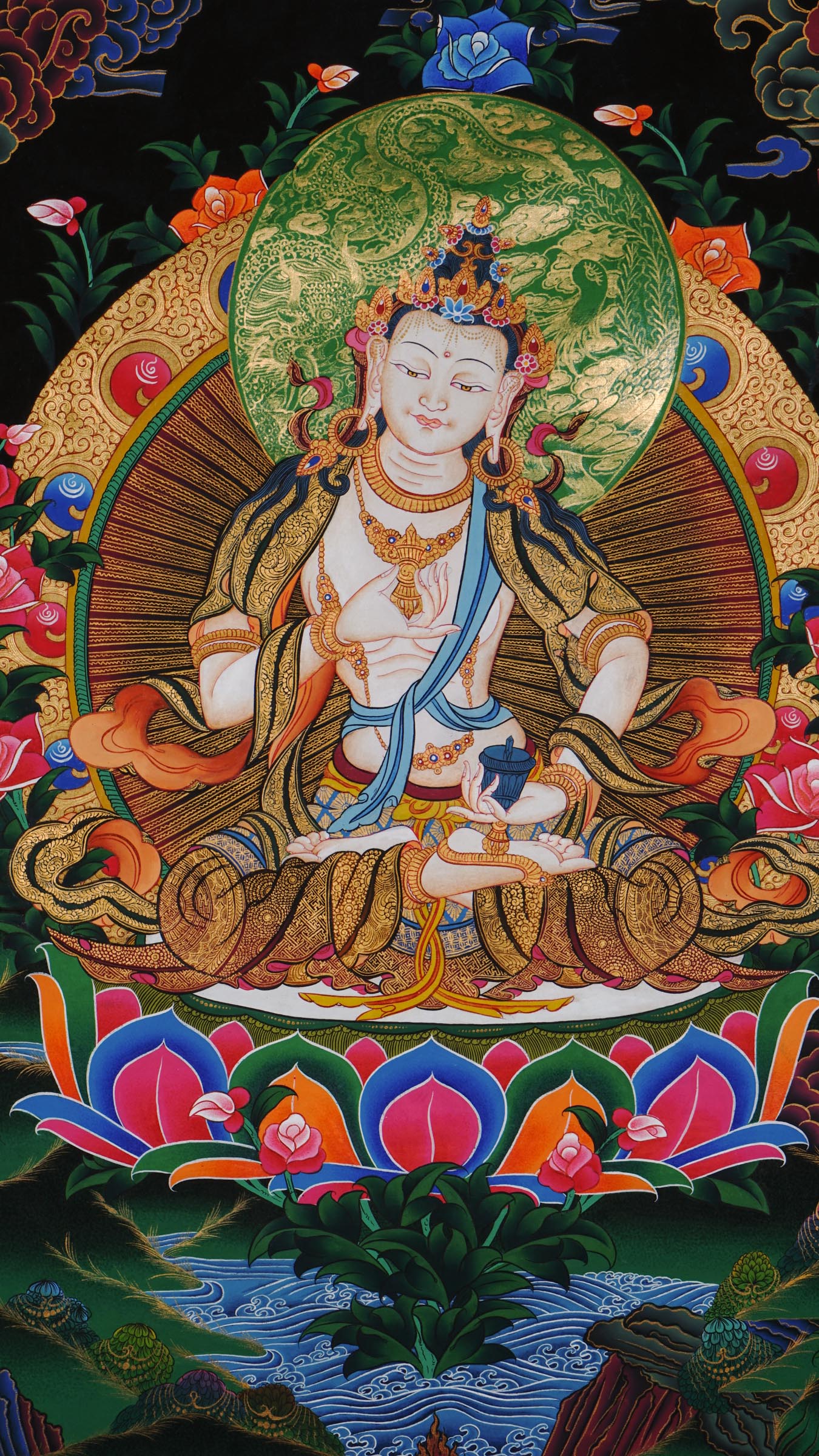 Hand-painted Vajrasattva Thangka from Nepal with 24k gold, depicting Vajrasattva seated on lotus moon disc holding vajra and bell, symbolizing purification and wisdom.