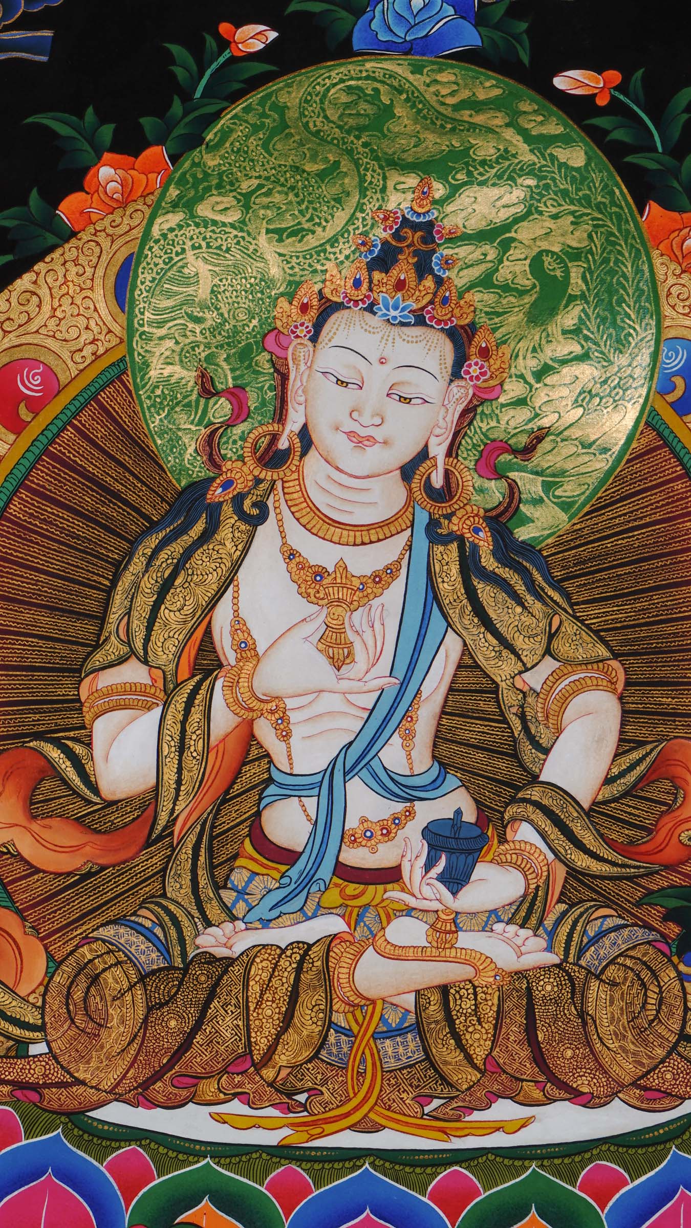 Hand-painted Vajrasattva Thangka from Nepal with 24k gold, depicting Vajrasattva seated on lotus moon disc holding vajra and bell, symbolizing purification and wisdom.