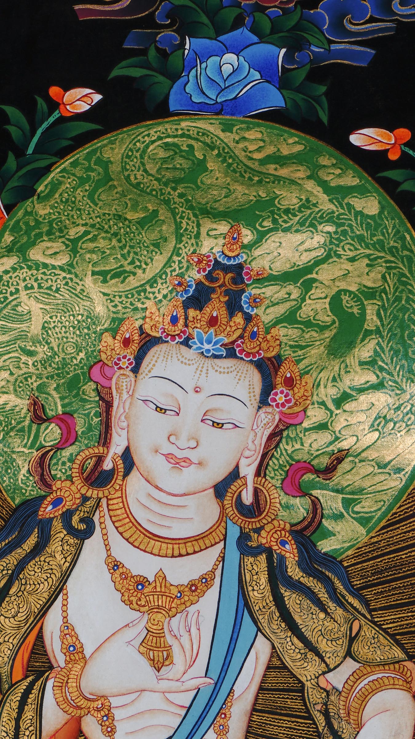 Hand-painted Vajrasattva Thangka from Nepal with 24k gold, depicting Vajrasattva seated on lotus moon disc holding vajra and bell, symbolizing purification and wisdom.