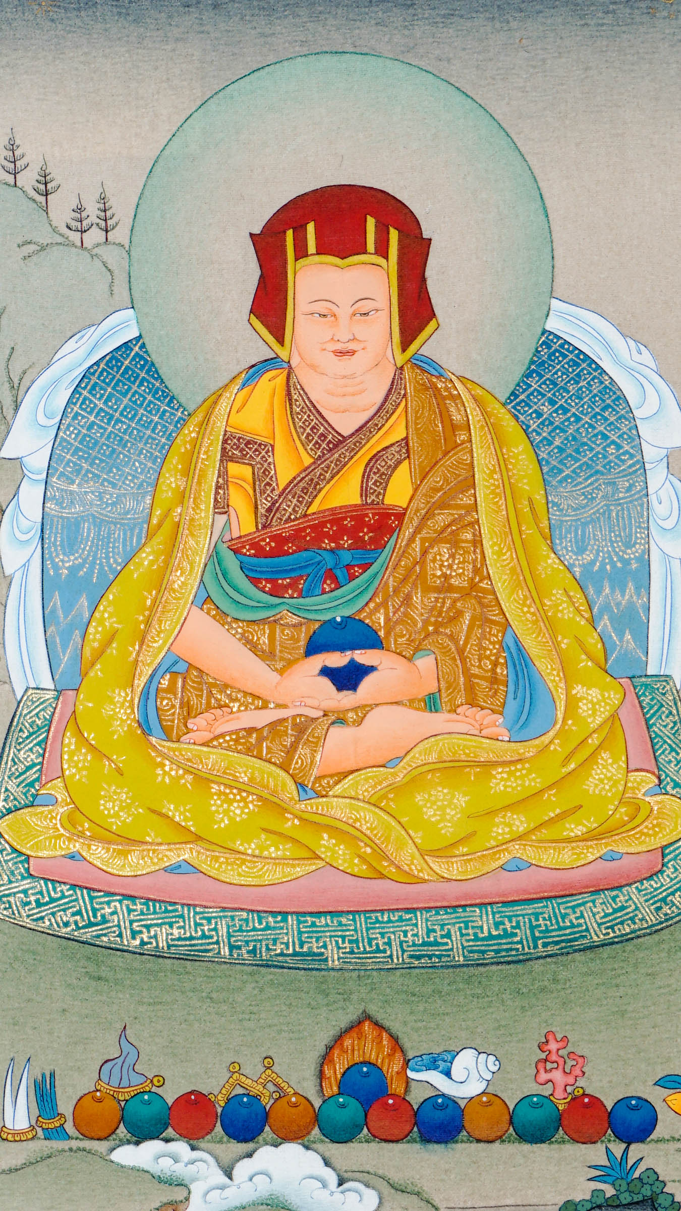 Hand-painted Tibetan thangka of Marpa Lotsawa seated in meditation posture, wearing traditional lay robes, surrounded by a serene Himalayan landscape and radiant halo.