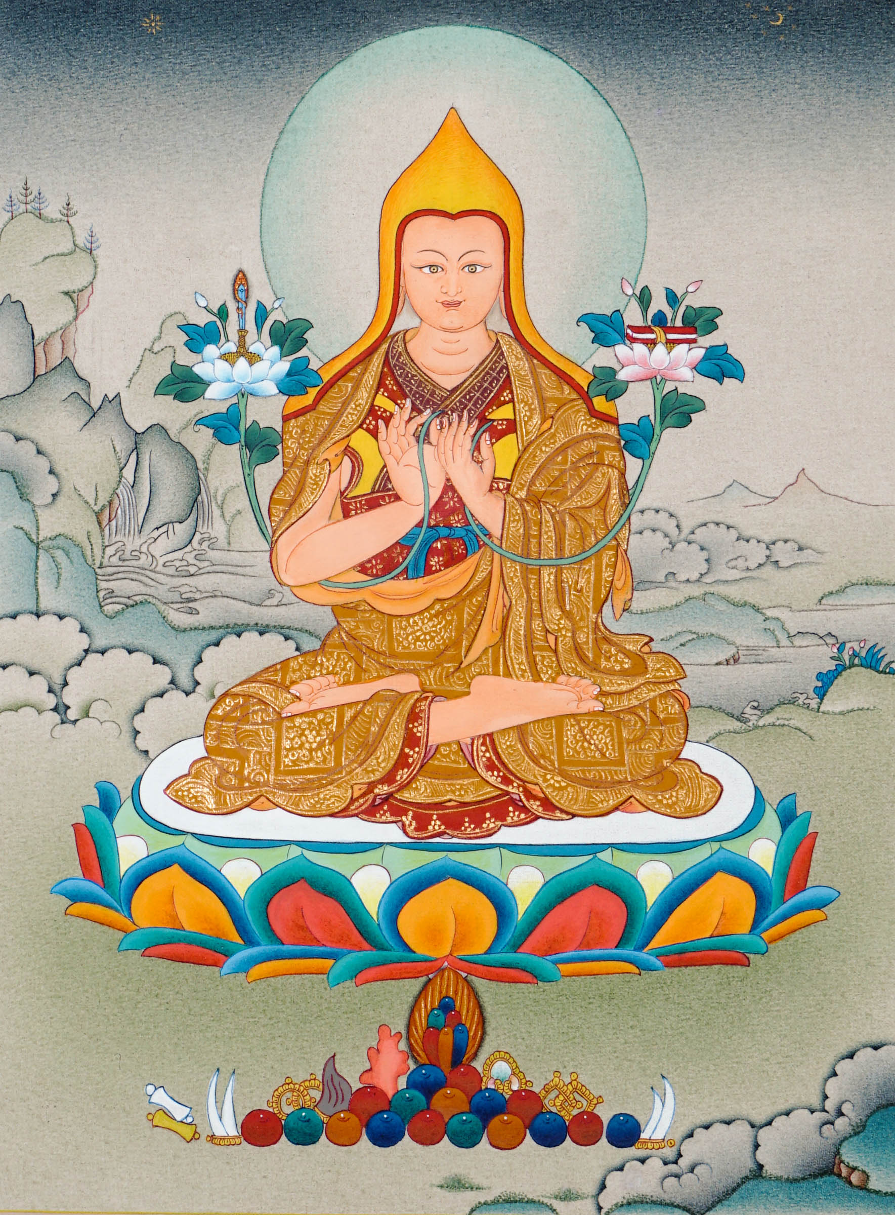 Tibetan thangka of Je Tsongkhapa seated on a lotus throne wearing a yellow hat and golden robes, holding the teaching gesture with lotuses bearing a sword and scripture beside him, surrounded by a serene landscape.