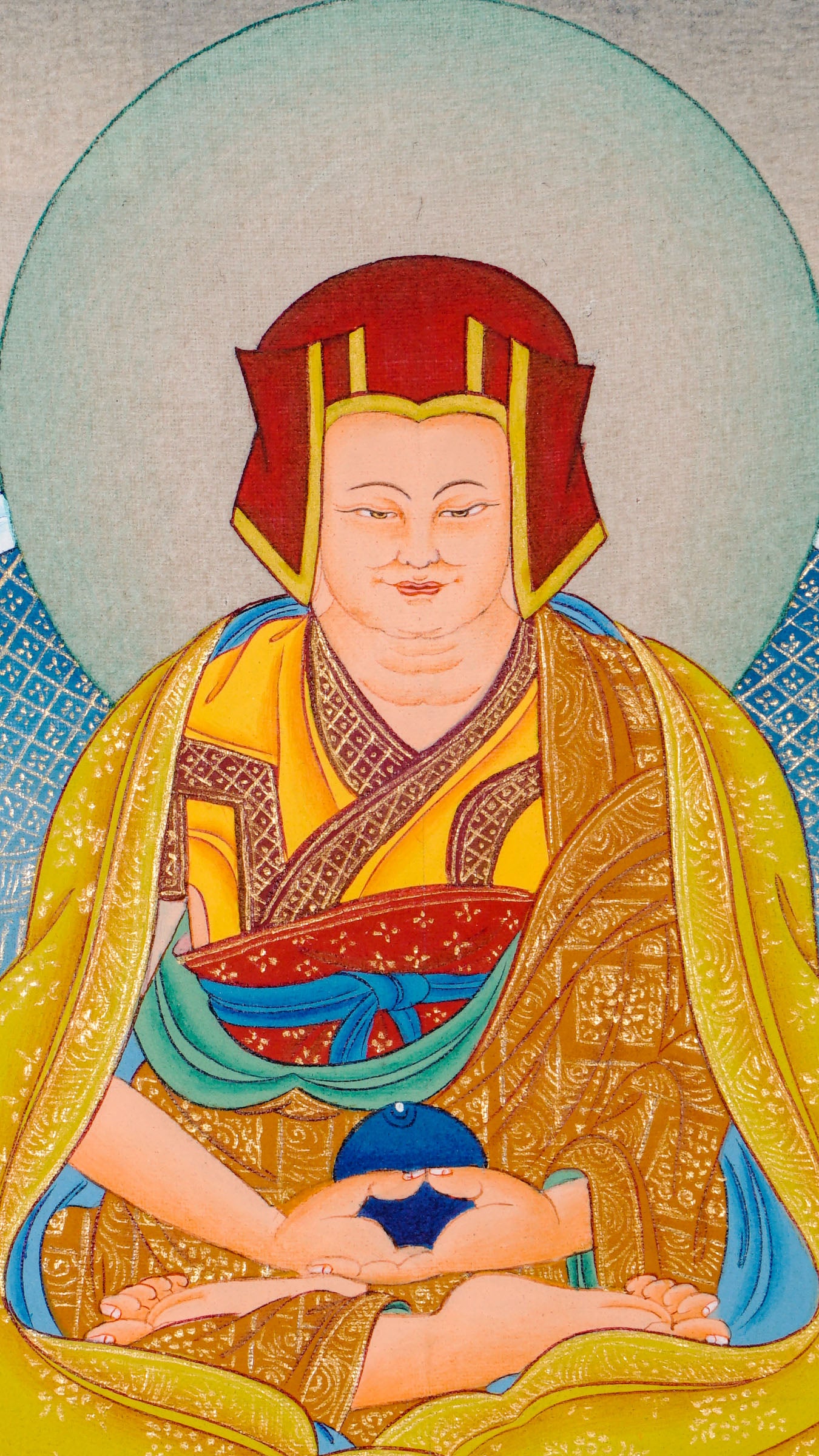 Hand-painted Tibetan thangka of Marpa Lotsawa seated in meditation posture, wearing traditional lay robes, surrounded by a serene Himalayan landscape and radiant halo.