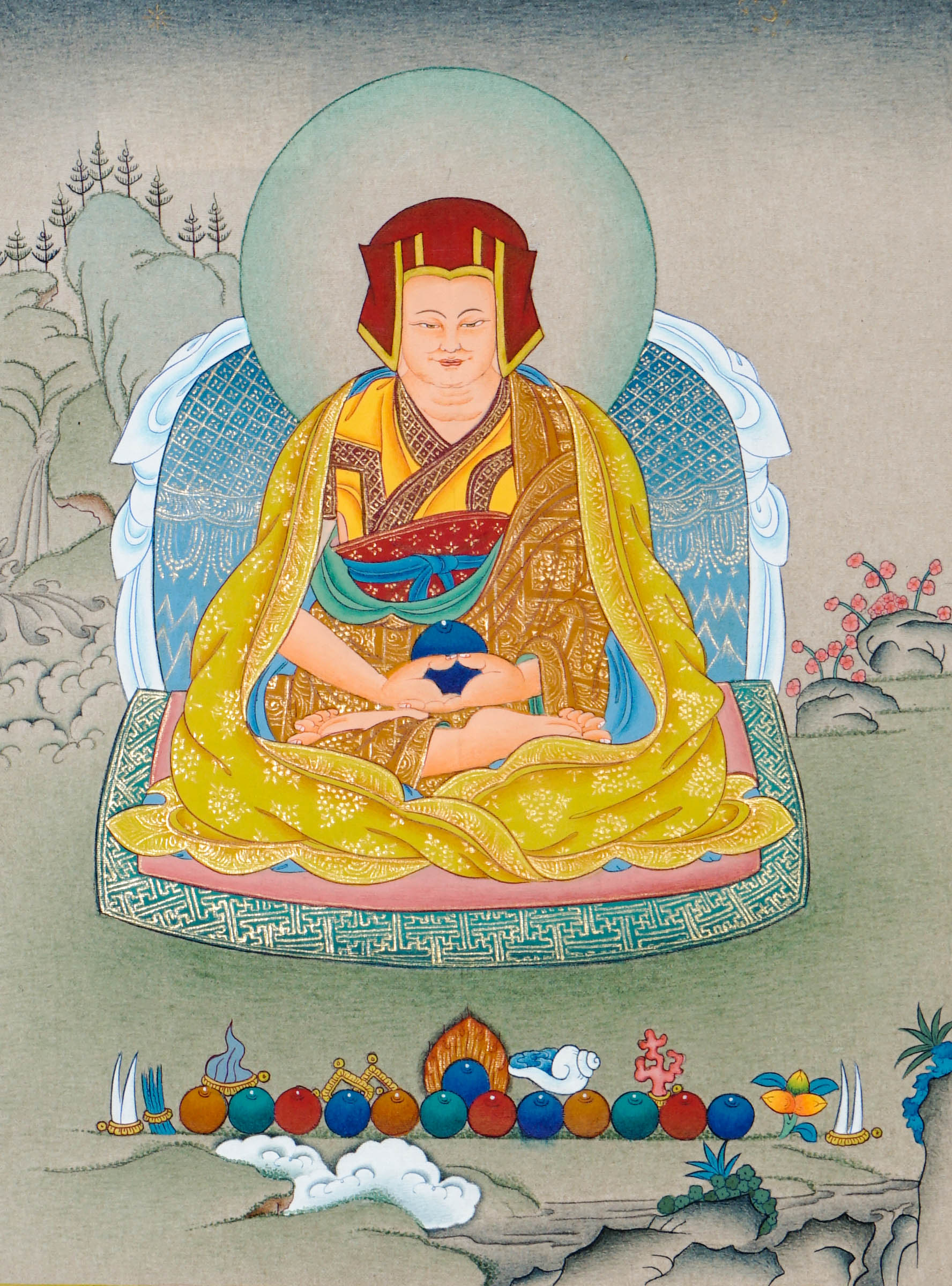 Hand-painted Tibetan thangka of Marpa Lotsawa seated in meditation posture, wearing traditional lay robes, surrounded by a serene Himalayan landscape and radiant halo.