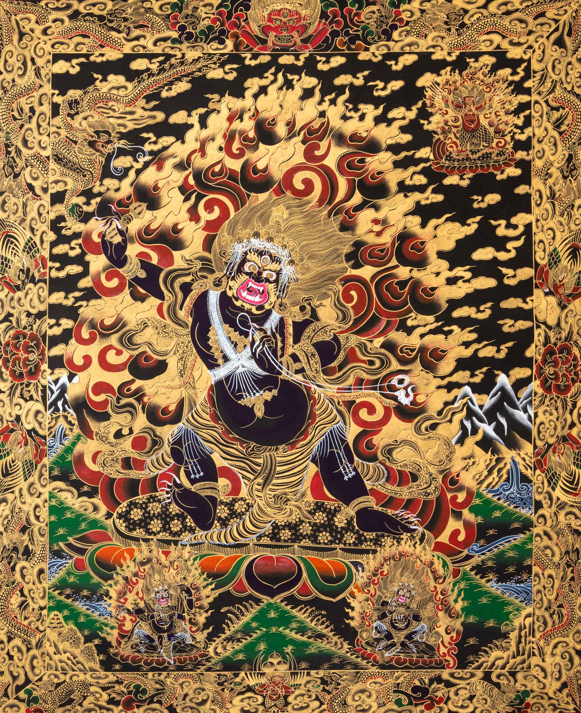 Wrathful Vajrapani Thangka depicting the fierce protector bodhisattva in dynamic posture, holding a vajra, surrounded by flames of wisdom and gold detailing, symbolizing spiritual power and the destruction of ignorance in Tibetan Buddhist art.