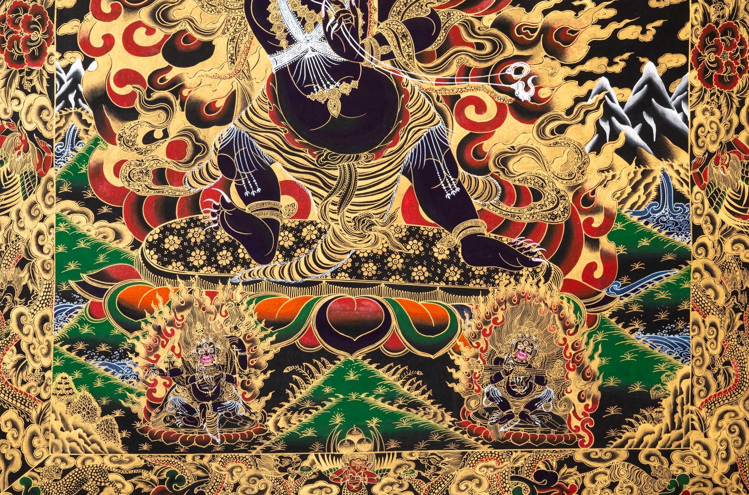 Wrathful Vajrapani Thangka depicting the fierce protector bodhisattva in dynamic posture, holding a vajra, surrounded by flames of wisdom and gold detailing, symbolizing spiritual power and the destruction of ignorance in Tibetan Buddhist art.