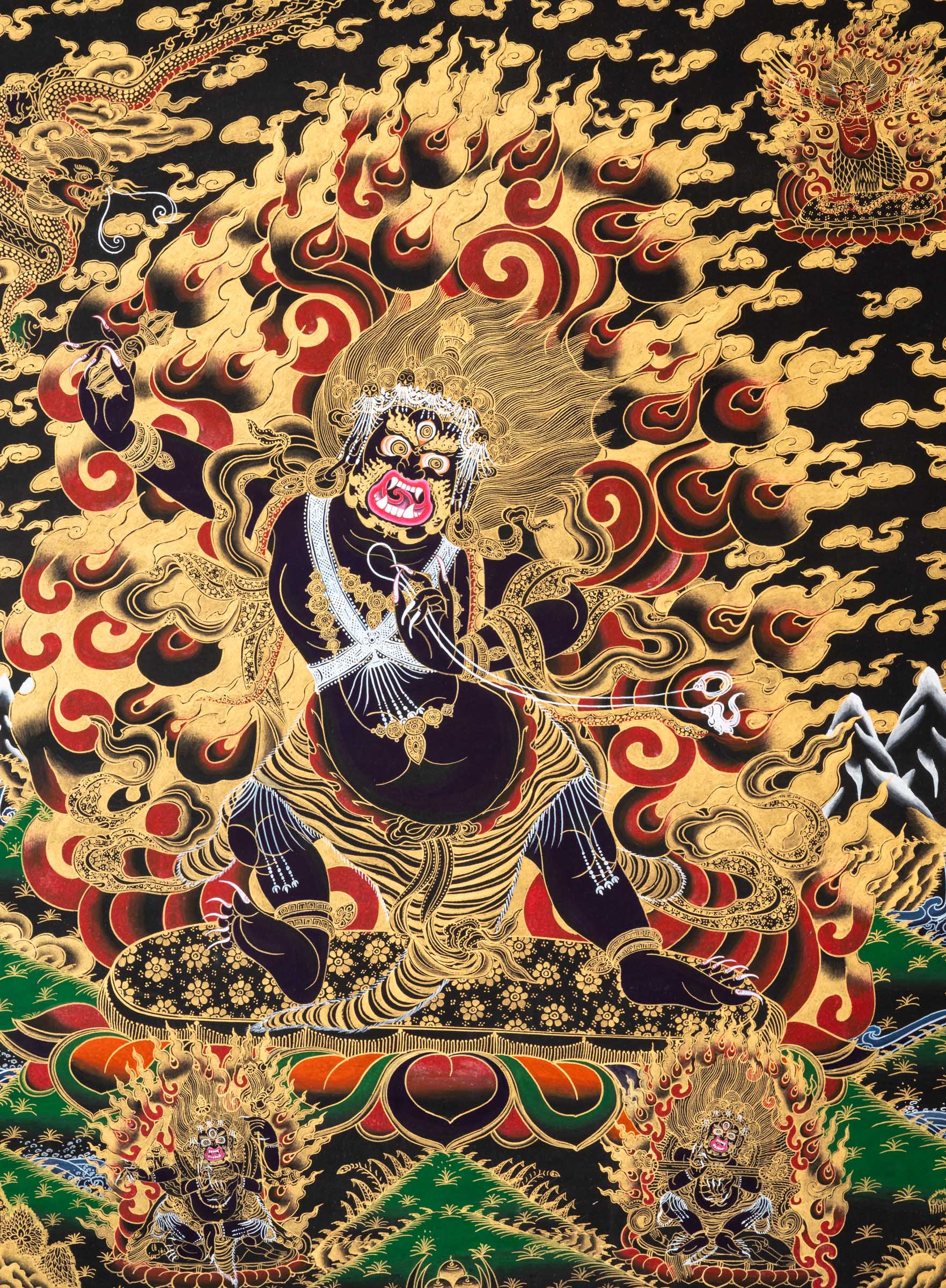Wrathful Vajrapani Thangka depicting the fierce protector bodhisattva in dynamic posture, holding a vajra, surrounded by flames of wisdom and gold detailing, symbolizing spiritual power and the destruction of ignorance in Tibetan Buddhist art.