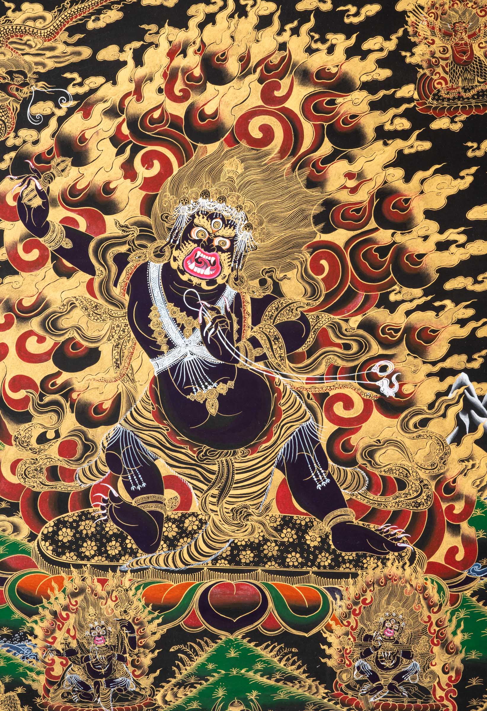 Wrathful Vajrapani Thangka depicting the fierce protector bodhisattva in dynamic posture, holding a vajra, surrounded by flames of wisdom and gold detailing, symbolizing spiritual power and the destruction of ignorance in Tibetan Buddhist art.