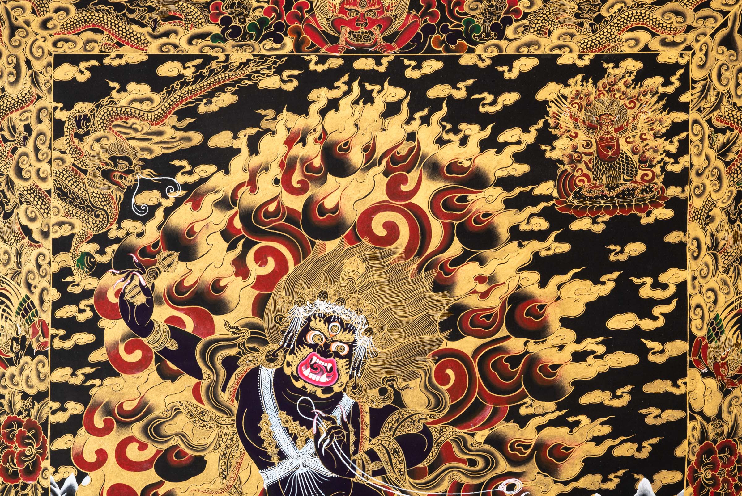 Wrathful Vajrapani Thangka depicting the fierce protector bodhisattva in dynamic posture, holding a vajra, surrounded by flames of wisdom and gold detailing, symbolizing spiritual power and the destruction of ignorance in Tibetan Buddhist art.