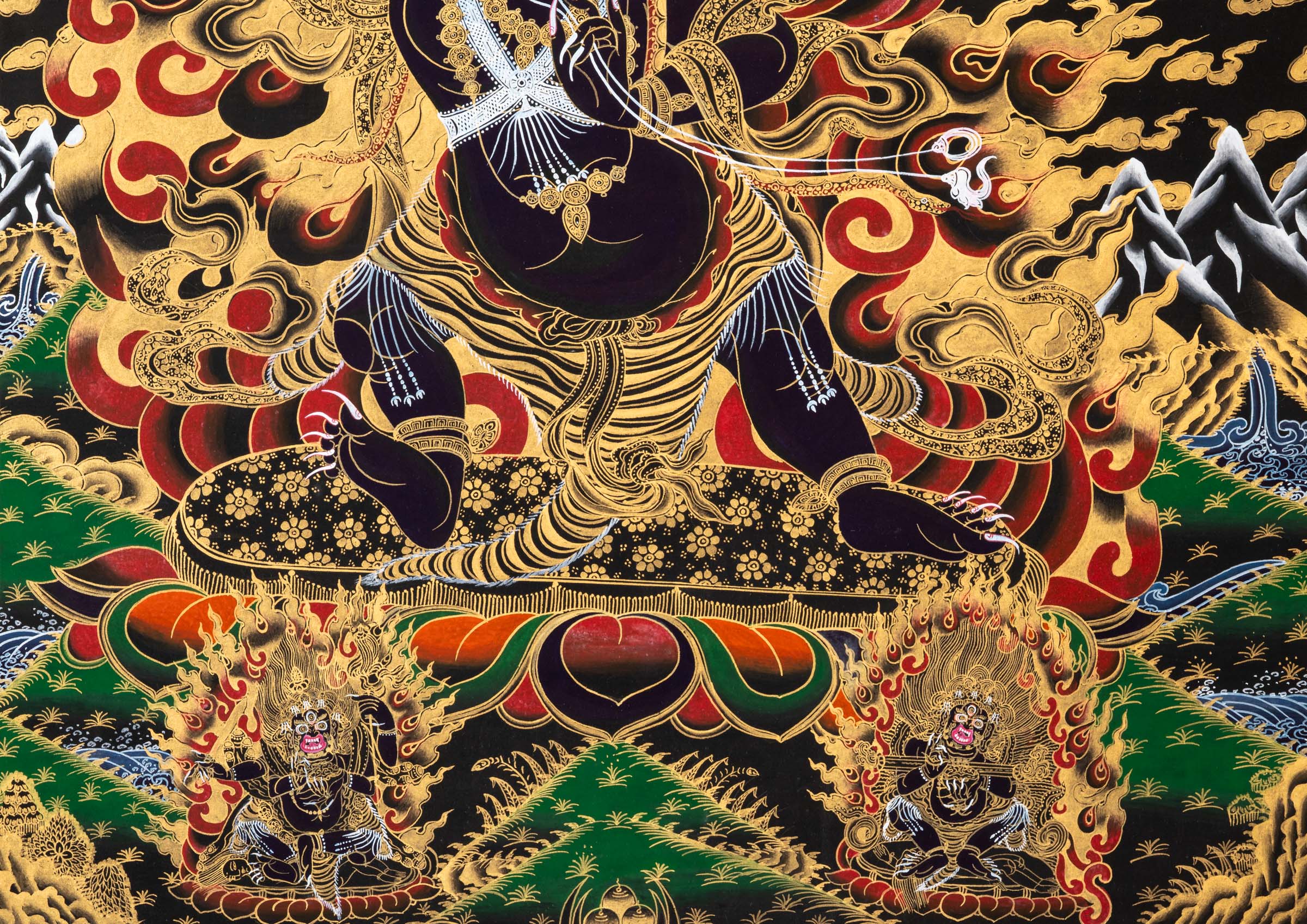 Wrathful Vajrapani Thangka depicting the fierce protector bodhisattva in dynamic posture, holding a vajra, surrounded by flames of wisdom and gold detailing, symbolizing spiritual power and the destruction of ignorance in Tibetan Buddhist art.
