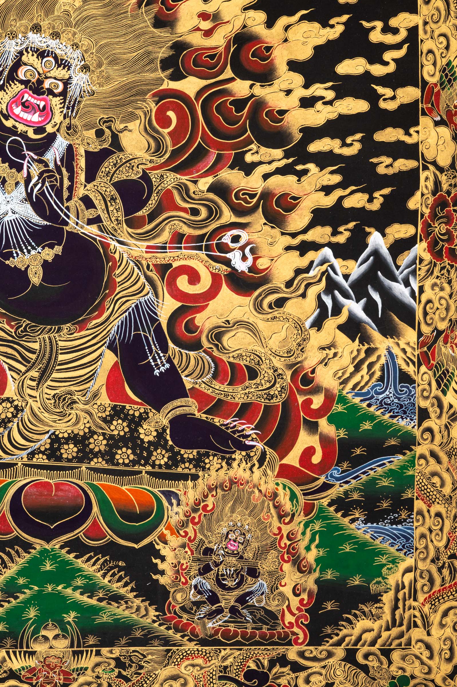 Wrathful Vajrapani Thangka depicting the fierce protector bodhisattva in dynamic posture, holding a vajra, surrounded by flames of wisdom and gold detailing, symbolizing spiritual power and the destruction of ignorance in Tibetan Buddhist art.