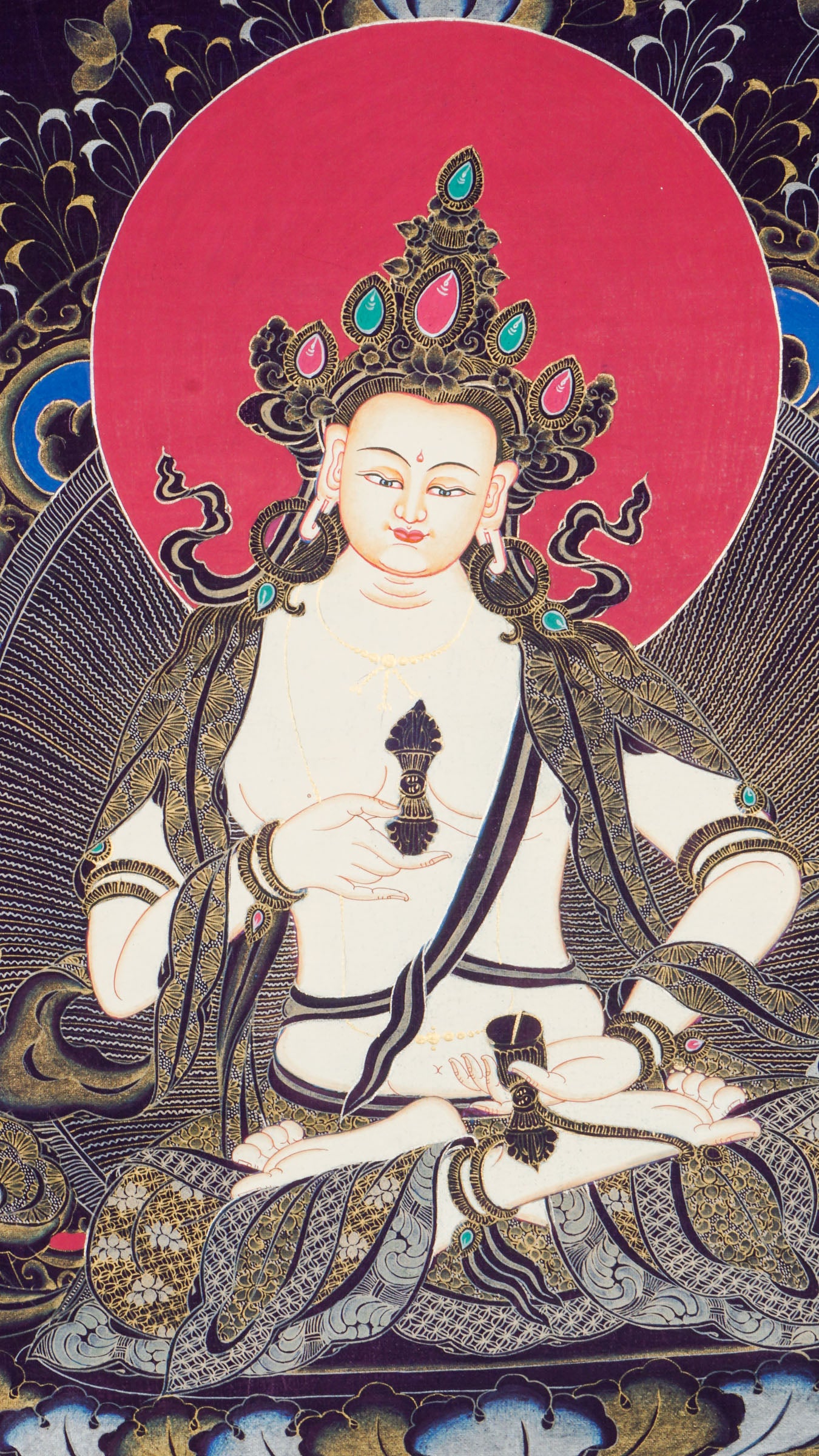A beautifully hand-painted sacred artwork of Vajra Sattva Thangka with mantra.