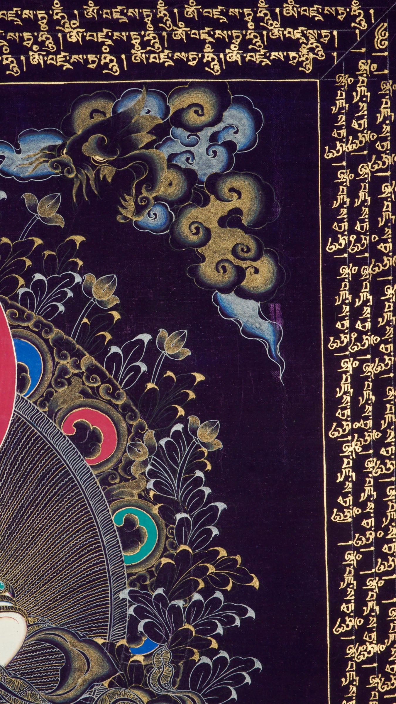 A beautifully hand-painted sacred artwork of Vajra Sattva Thangka with mantra.