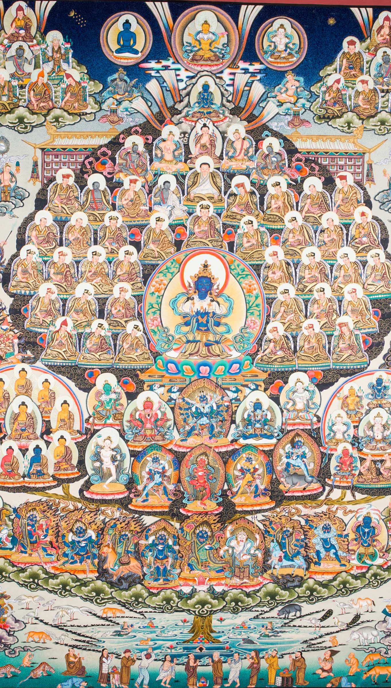Large traditional Tibetan thangka depicting a detailed Buddhist cosmological assembly, with Vajradhara at the center surrounded by numerous Buddhas, bodhisattvas, lineage masters, and symbolic figures arranged in a complex, symmetrical composition.